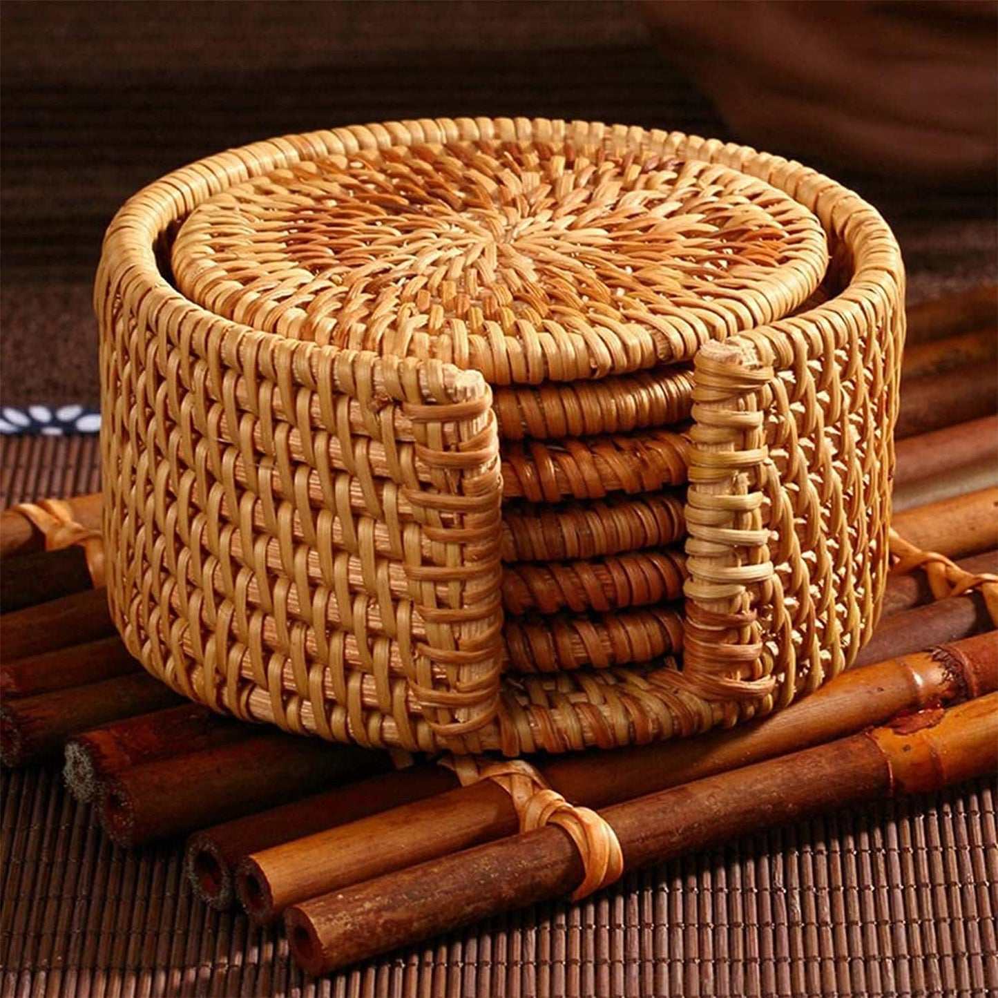 Holder / Wicker Boho Woven Coasters / Natural / Set of 6