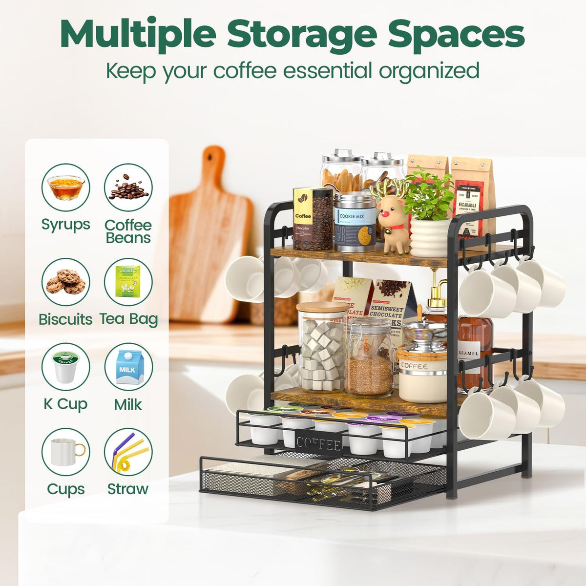 EsLuker.ly Coffee Bar Organizer Station Shelf Mug Holder for Countertop | 4 Tier Mug Holder Stand with 12 Hooks, K Cup