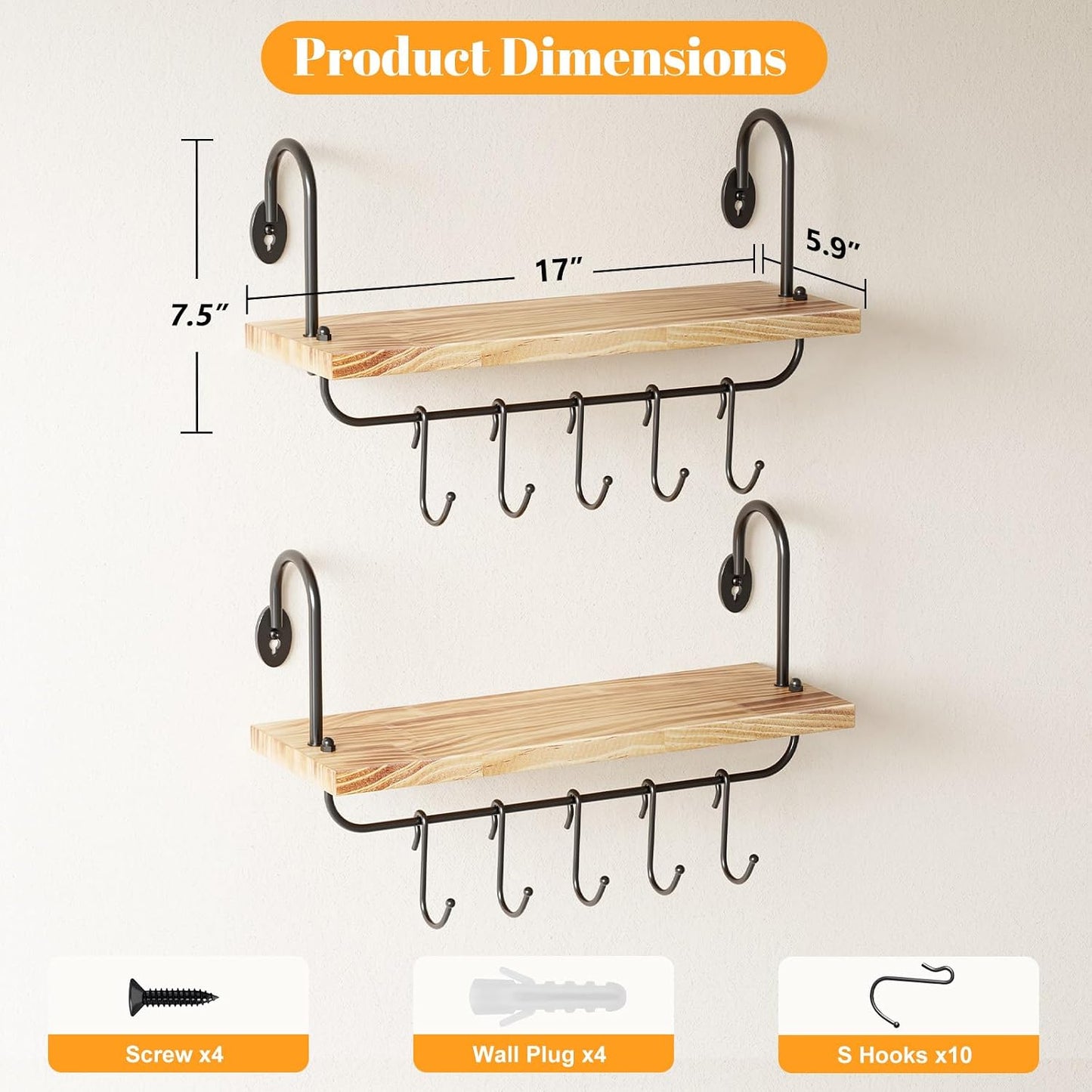 Olakee Floating Wall Shelves for Kitchen Bathroom Coffee Nook with 10 Adjustable Hooks for Coffee Mugs, Coffee Bar