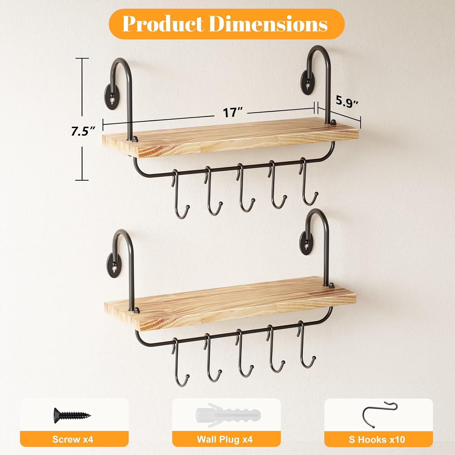 Olakee Floating Wall Shelves for Kitchen Bathroom Coffee Nook with 10 Adjustable Hooks for Coffee Mugs, Coffee Bar