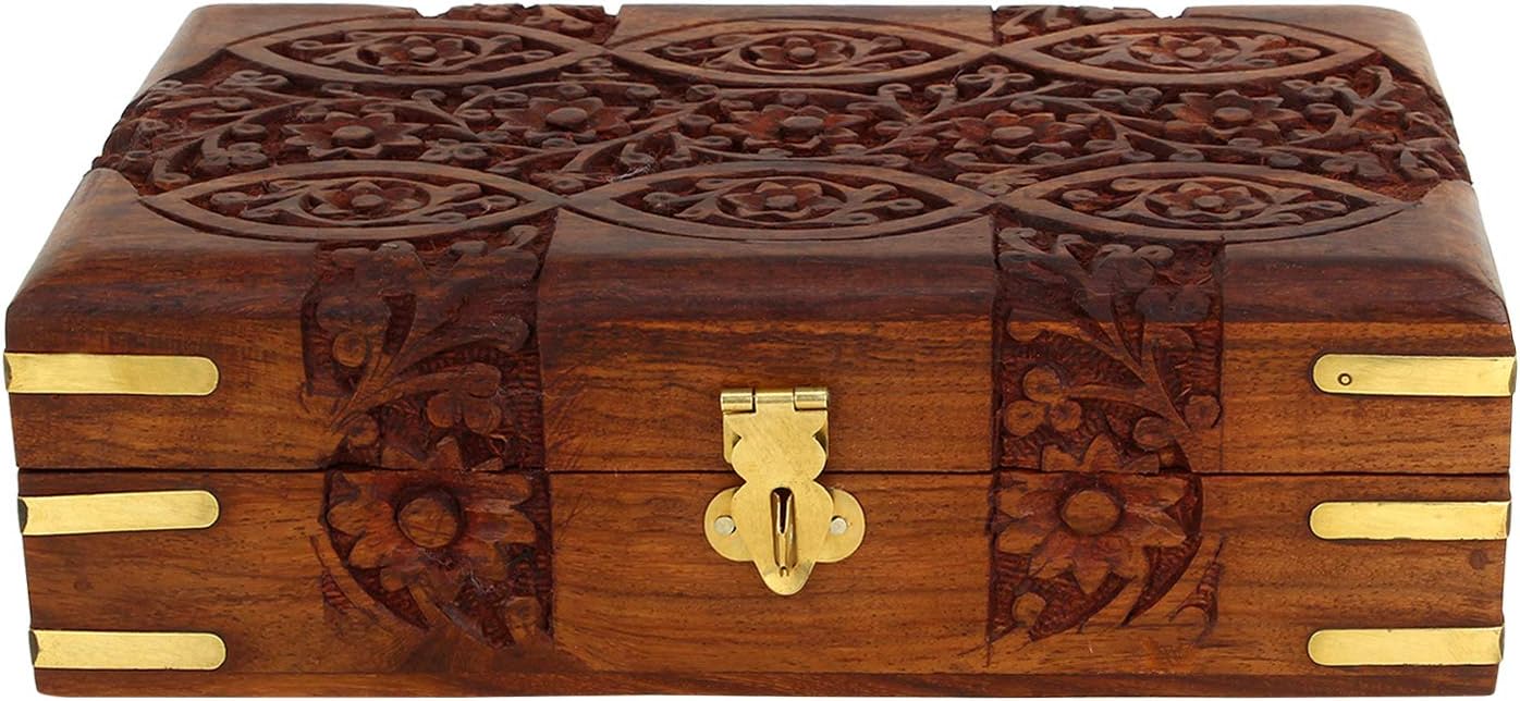 Handcarved Treasure Chest Wooden Decorative Jewelry Storage Box Eye Floral Design / 8 x 5