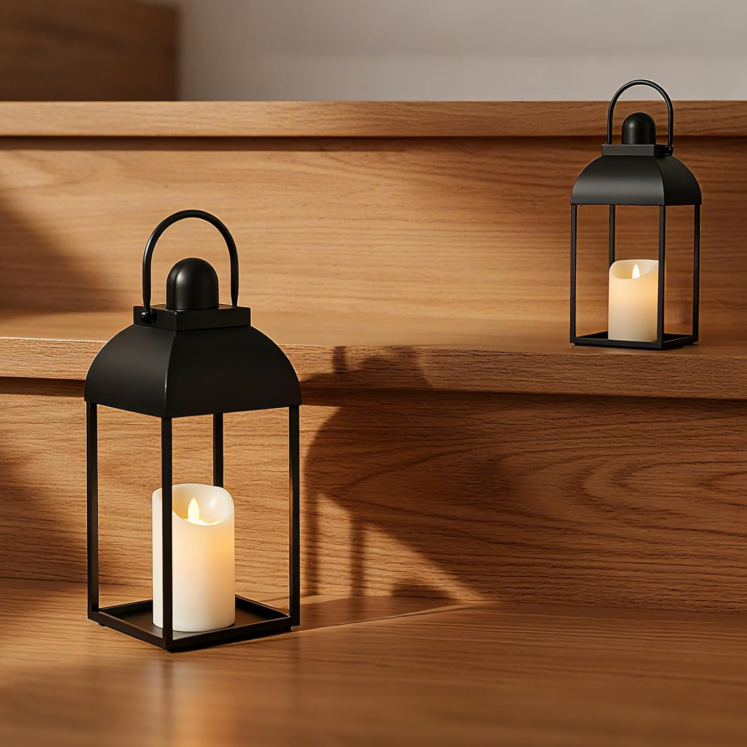 Lanterns Decorative Indoor 15" 11" Set of 2 Black Metal Lantern with Candle | Glass-free Decorative Lanterns with
