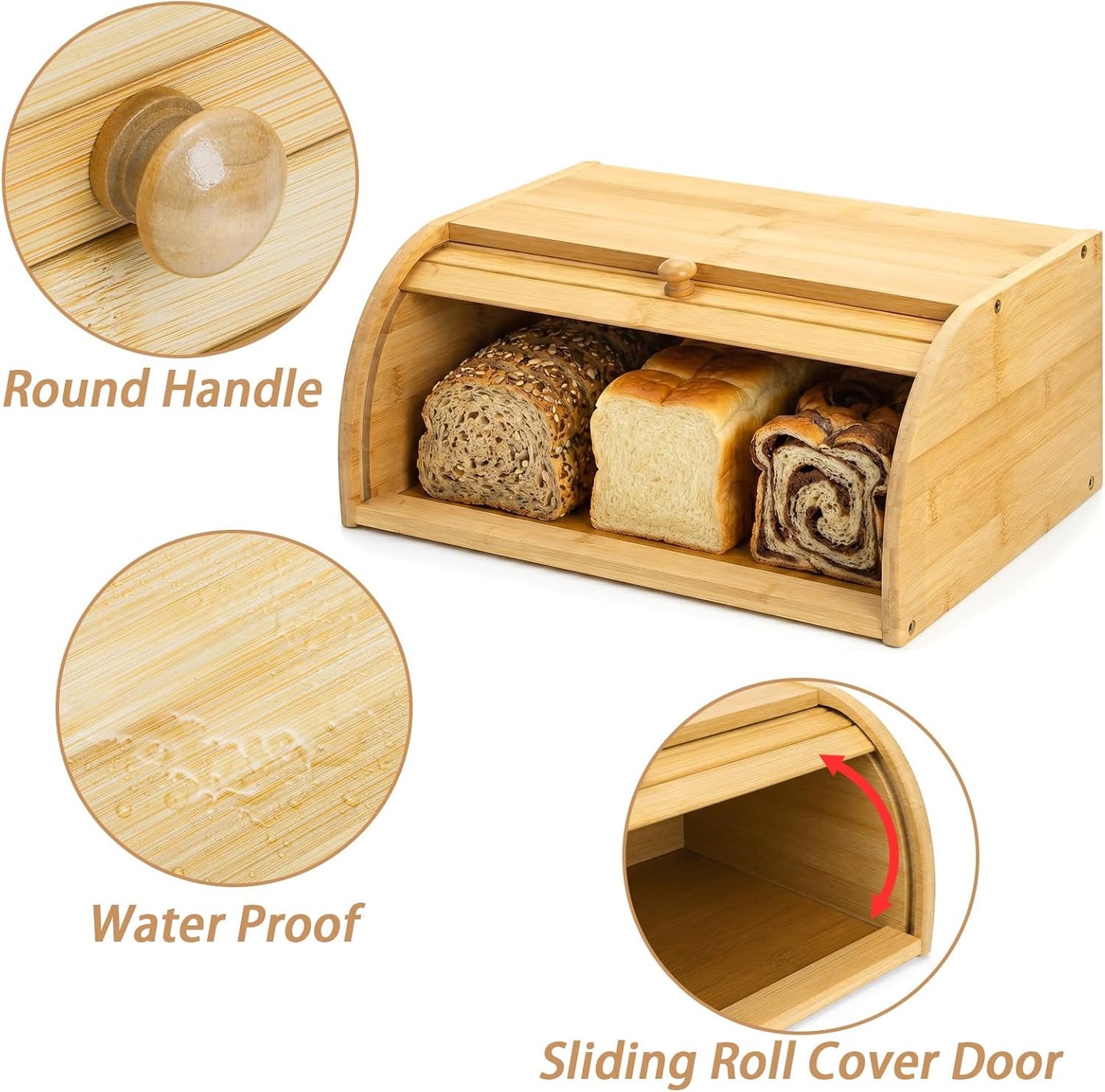 Lawei Bamboo Bread Box, Large Natural Roll Top Wood Bread Box, Countertop Bread Storage Bin, Bread Boxes Holder for