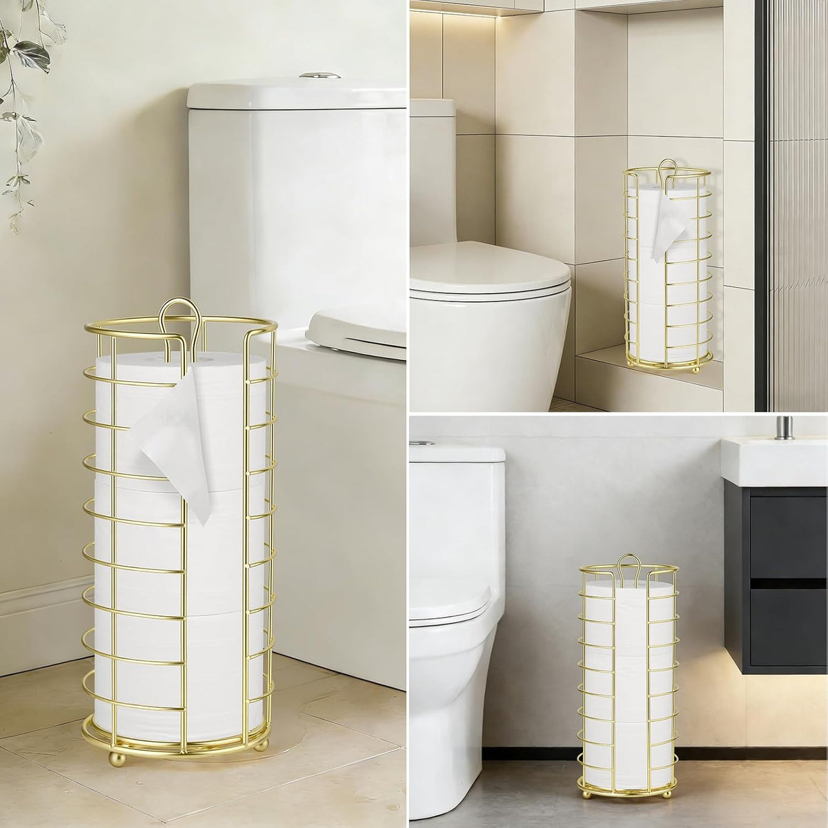 Toilet Paper Holder Stand,Freestanding,Gold | Bathroom Toilet Paper Organizer, 3 Mega Roll Toilet Paper Holder for
