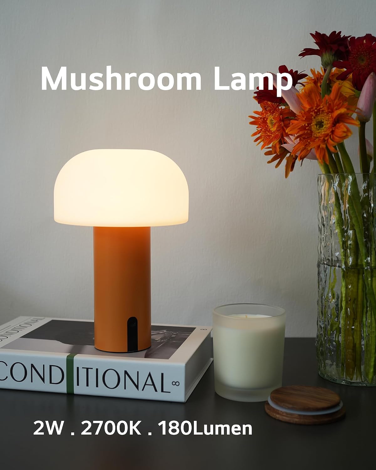 Small Cordless Mushroom Table Lamp, Waterproof Shower Lamp Orange | Original Design, Portable Rechargeable, Touch