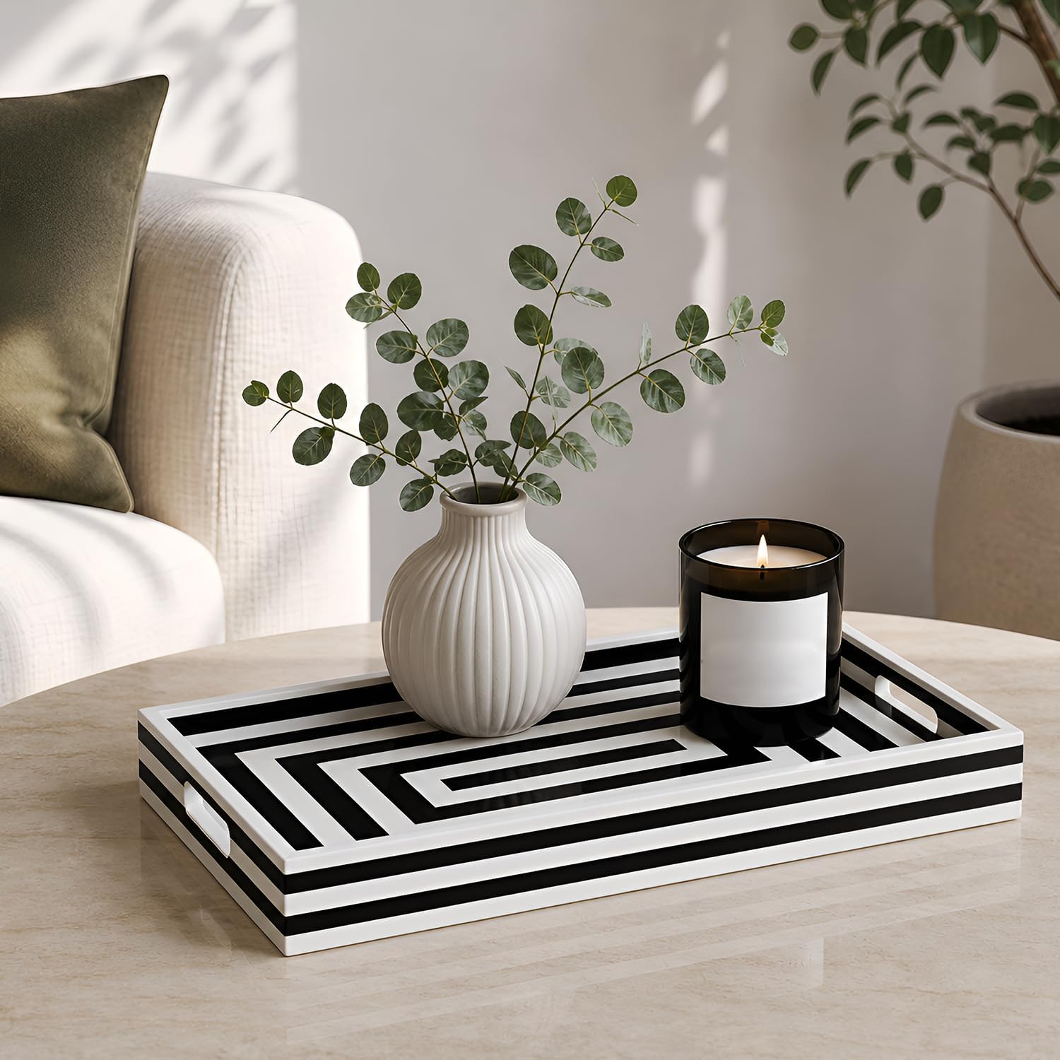 Decorative Tray / Black and White Concentric Ottoman Tray / 17 x 11 x 1.7 / Black & White