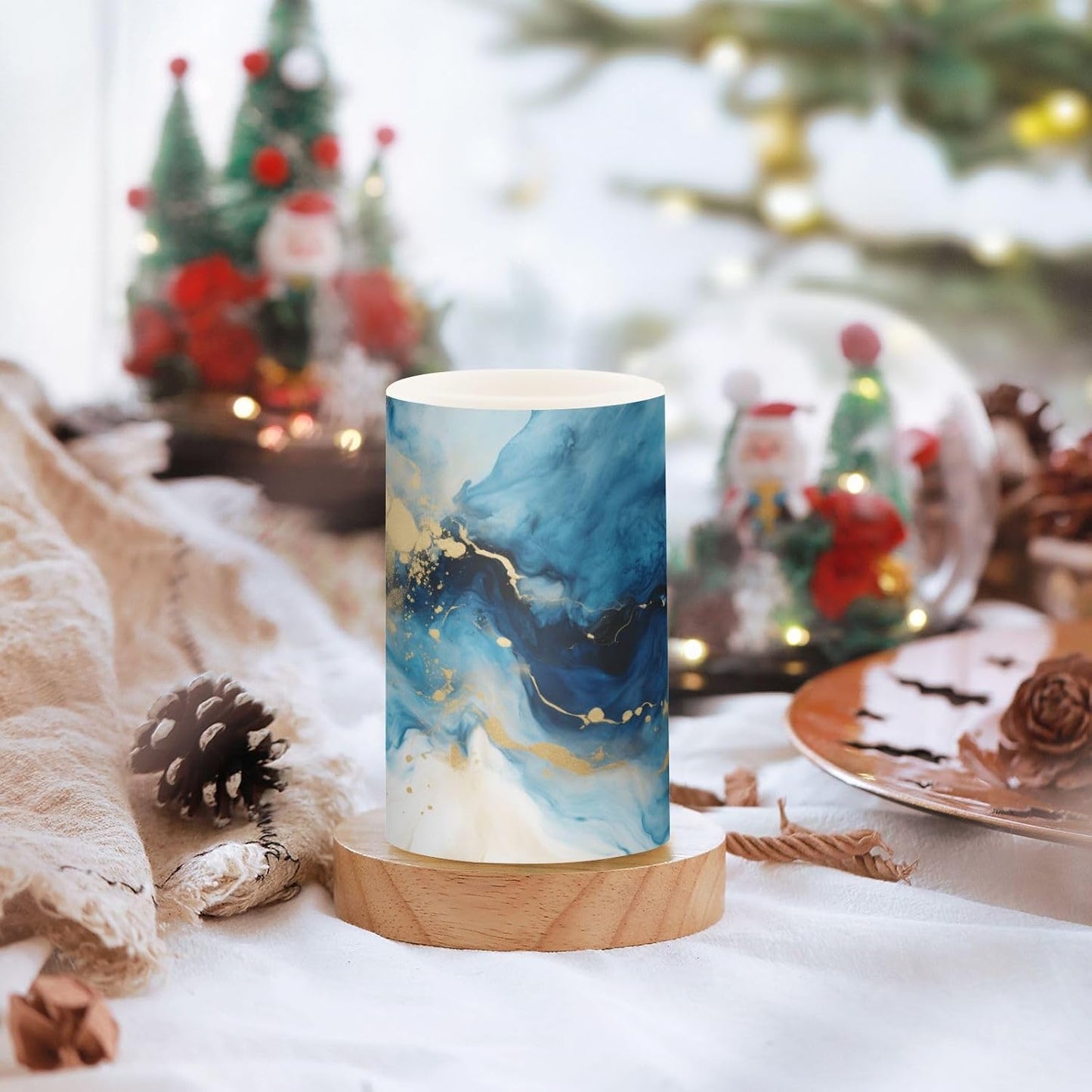 Flickering Flameless Candles, Marble Navy Blue LED Candles with Remote Timer, Set of 2 Battery Operated Candle for