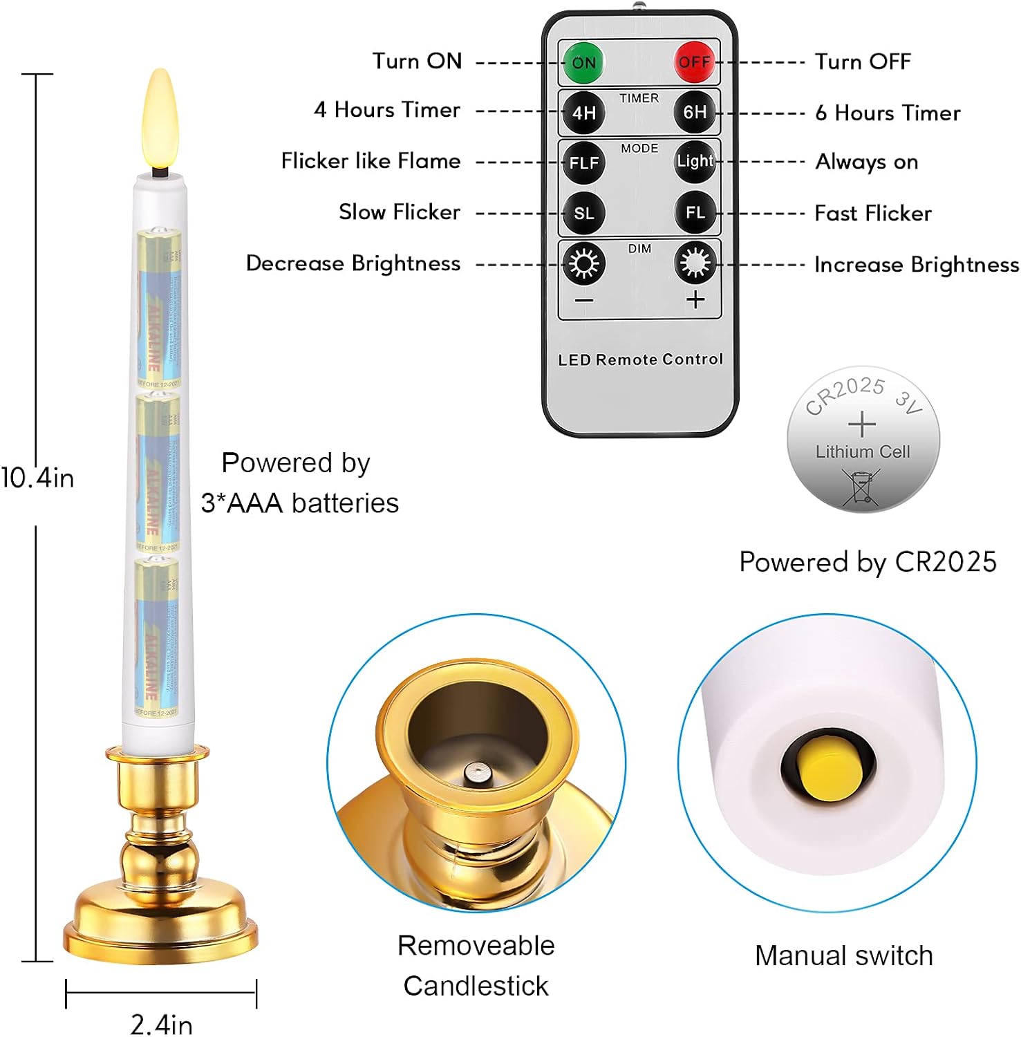 Daord LED Christmas Window Candle with 2 Remotes Battery Operated Flameless Taper Candles Warm Light Flickering and
