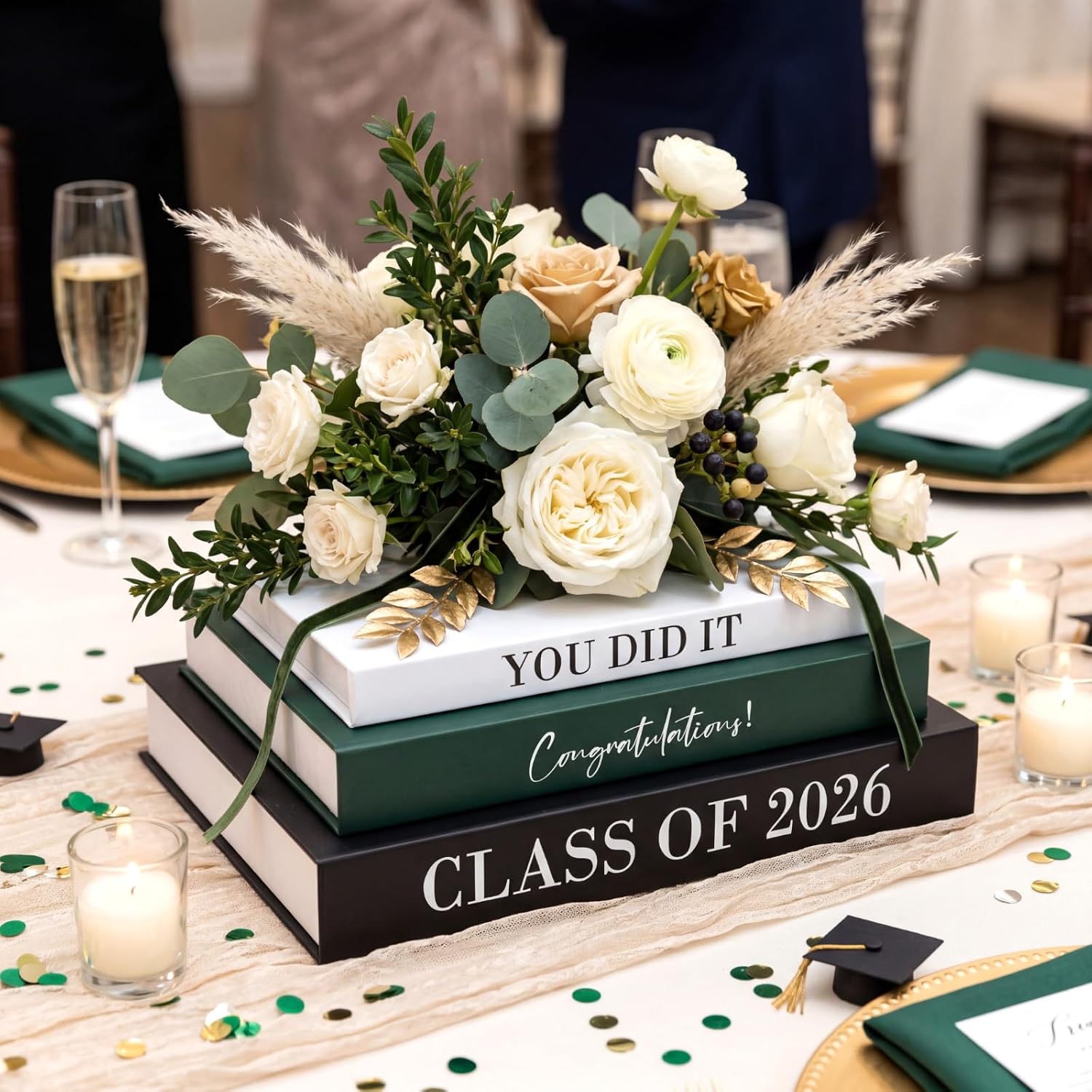 Graduation Book Centerpiece Congratulate Grad Decoration / Black, White, and Green / Set of 3