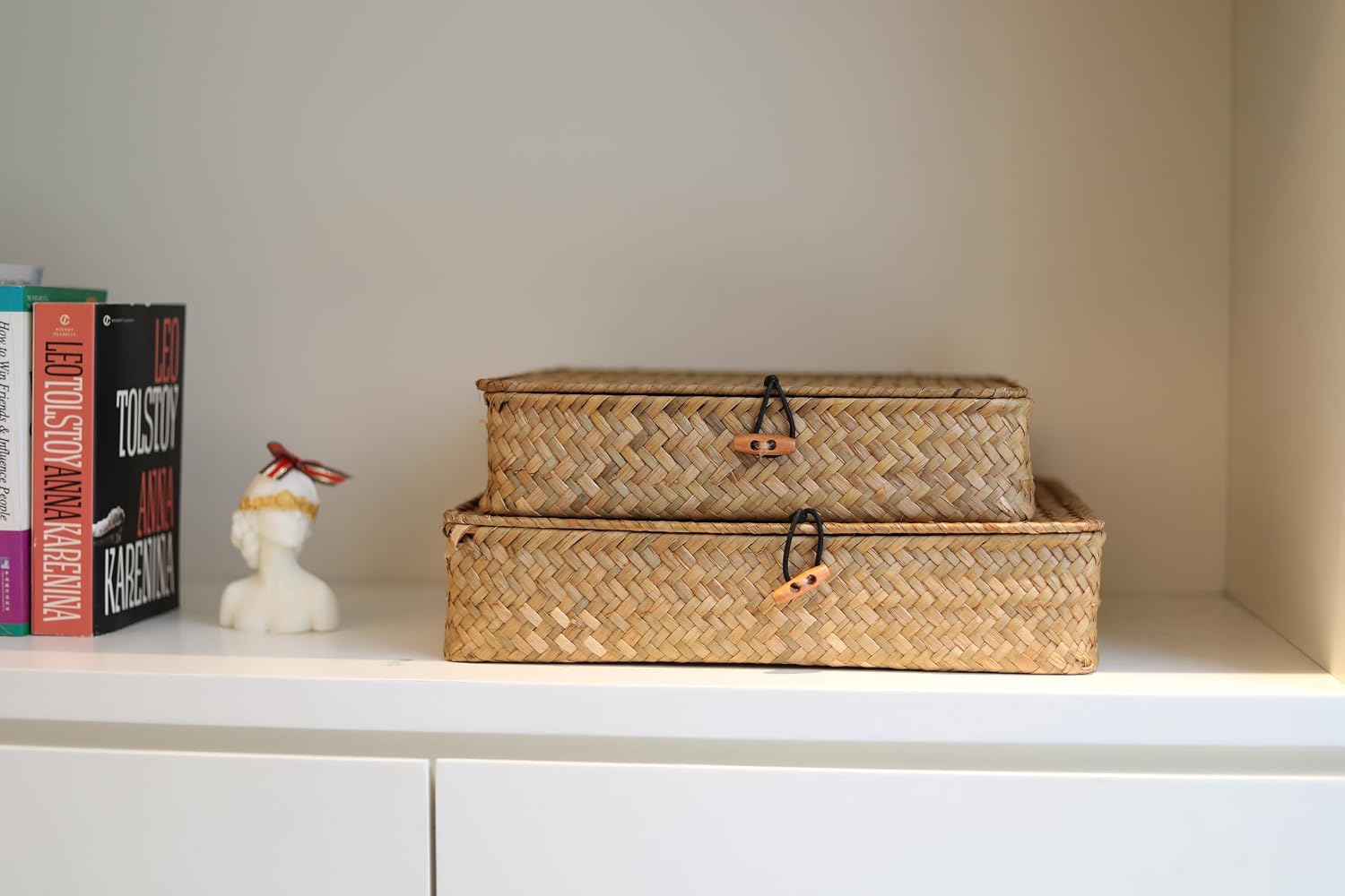 Wicker Basket / Flat Seagrass Storage Bins / Natural / Set of 2