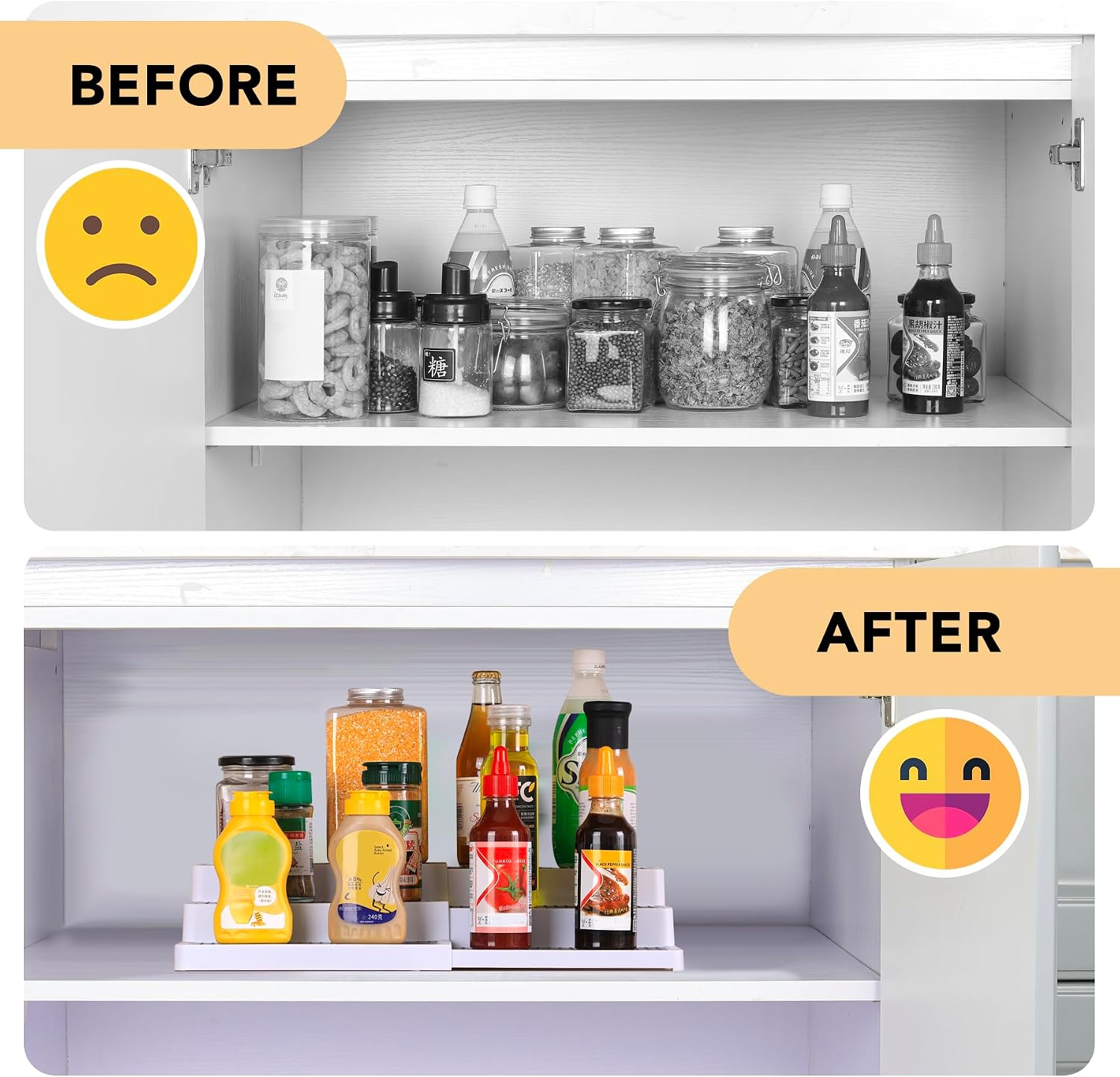 CiWiVOKi 3-Tier Expandable Spice Rack, Plastic Spice Rack Organizer for Cabinet, Adjustable Length, Non-Skid Spice