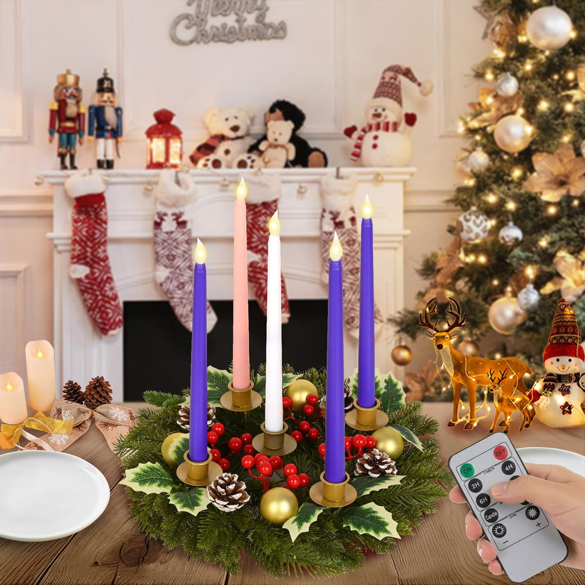 6 Pcs Christmas Advent Wreath Advent Candle Holder with 5 Flameless Simulated Candles, 12 Inch Advent Wreath and