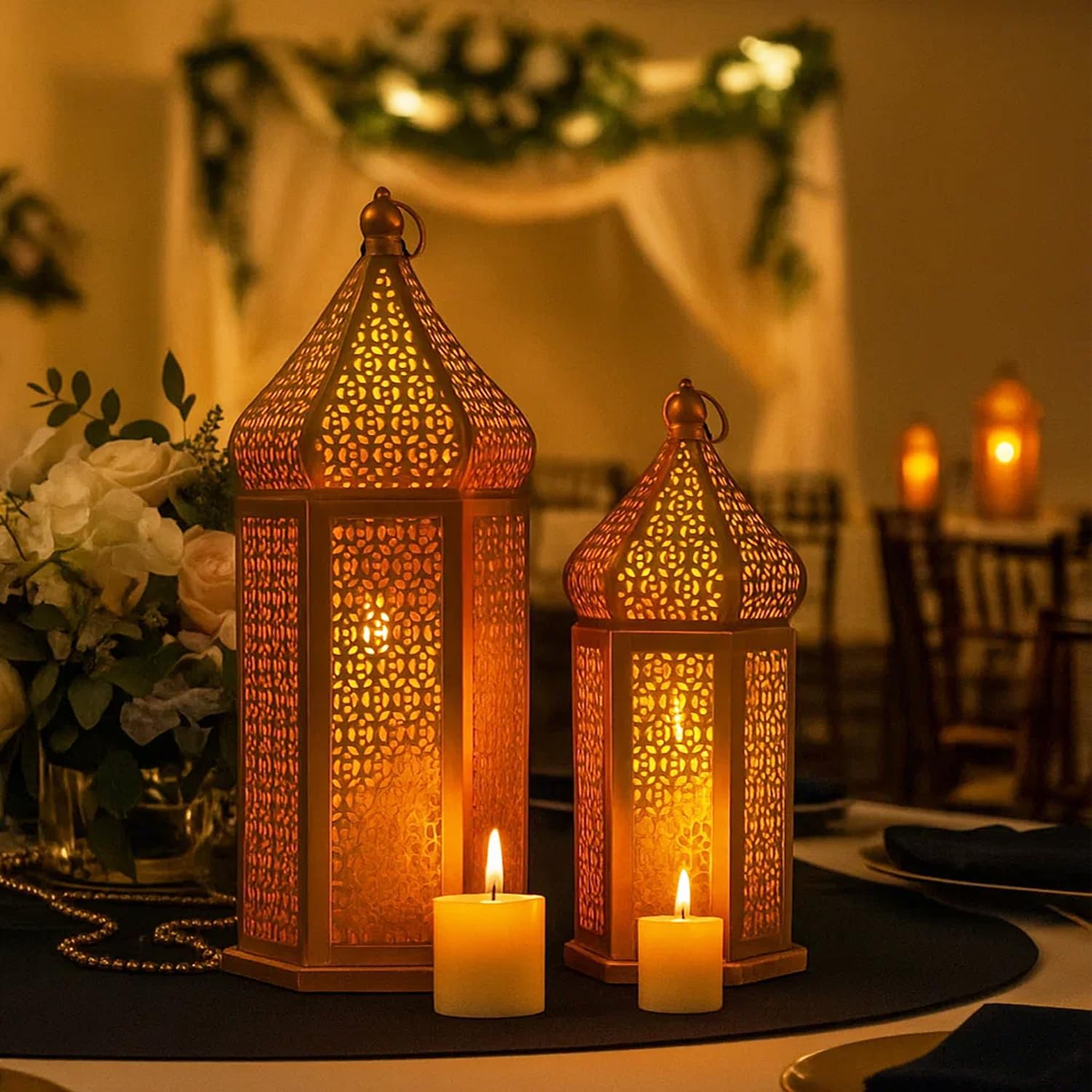 Vela Lanterns Decorative Indoor Gold Moroccan Temple Lanterns, Set of 2 | Ramadan Decorations for Home, Eid Islamic