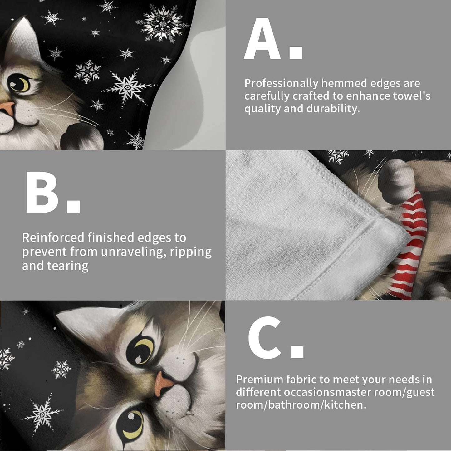 Giwawa Christmas Black Cat Hand Towels Winter Snowflake Dish Fingertip Towels Set of 2 Absorbent Face Towels for