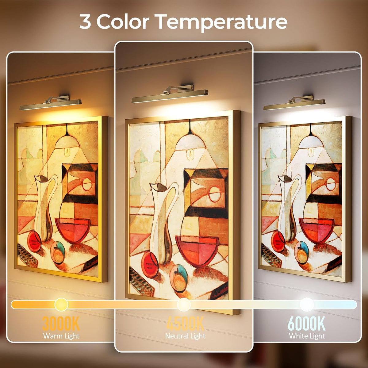 Picture Lights for Wall, Brass Battery Operated Picture Light 24in Art Light CCT Dimmable Recharging Battery Wall Light
