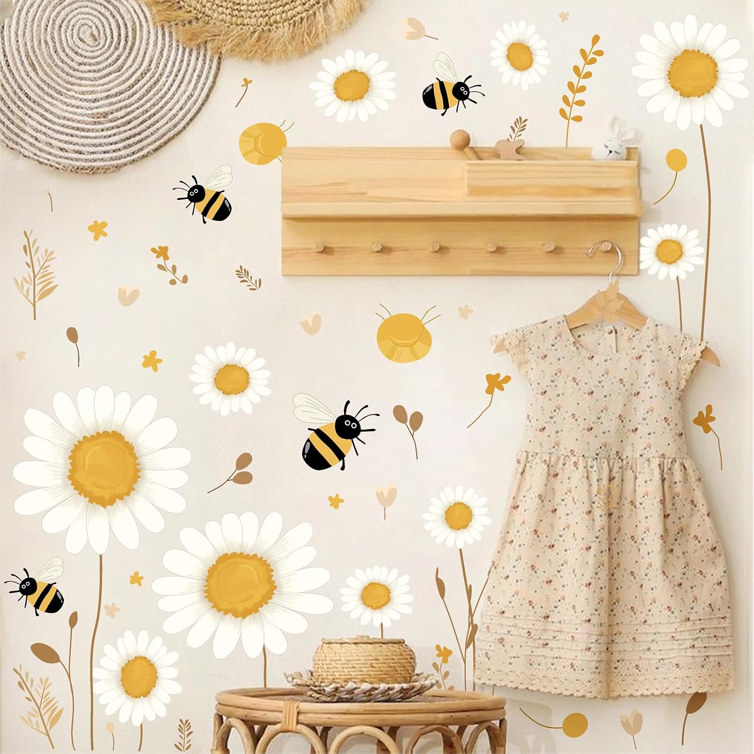 Daisy Floral Wall Stickers Boho Daisy Flower Vinyl Wall Decor for Baby Kids Bedroom / White&yellow