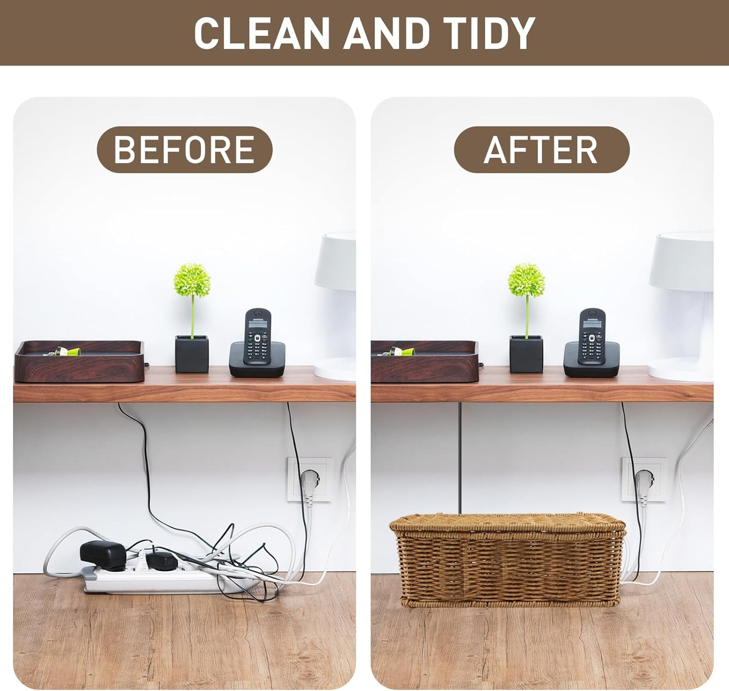 2 Pack Rattan Cable Management Box, Large Cord Organizer Box with Lid Under Desk Router Hider Storage Box with 4 Exits