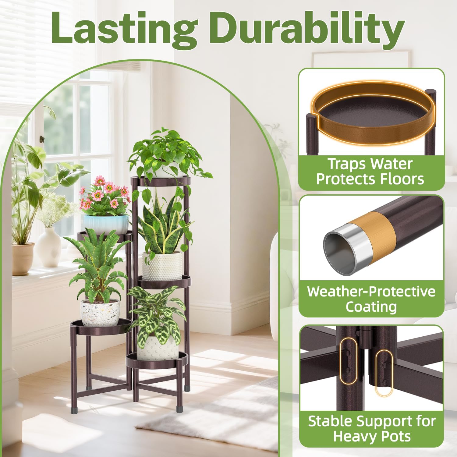 iDavosic.ly Plant Stand Indoor Outdoor, 5 Tier Metal Corner Shelf, Bronze | Tiered Flower Display Holder, Folding Multi