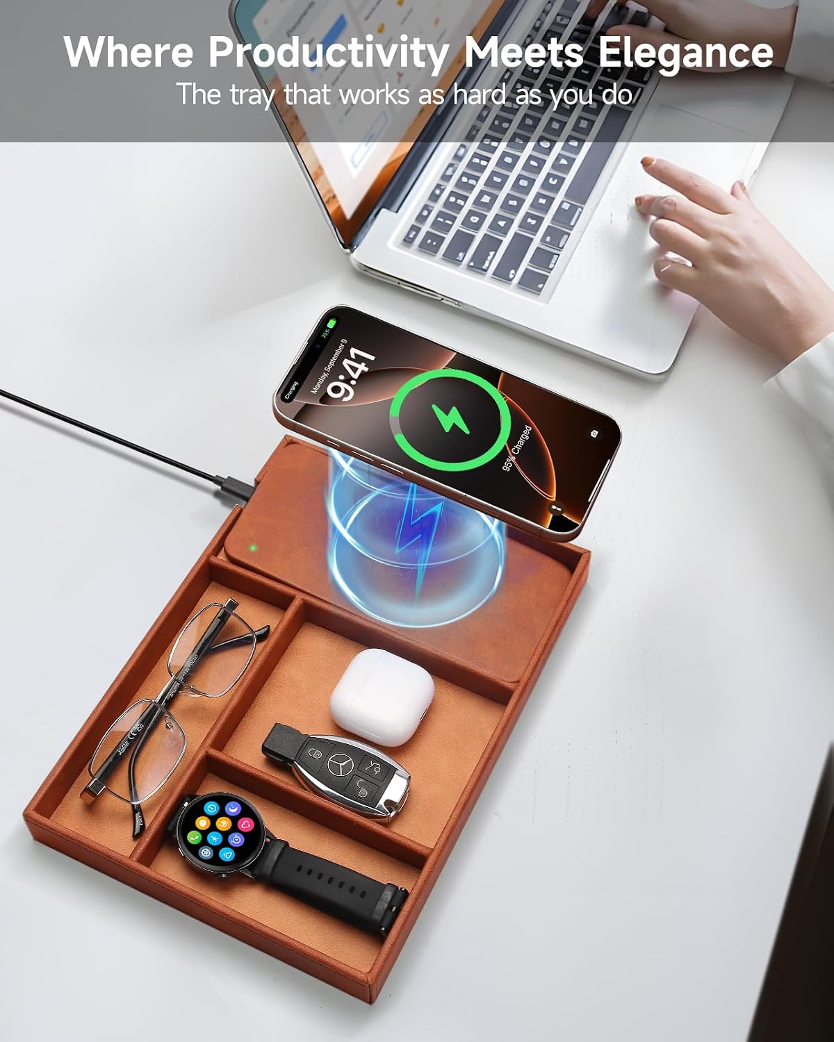 Valet Tray, Built in Wireless Charging Pad, Nightstand Organizer | Two-Toned Premium Leather Desk Bedside Caddy