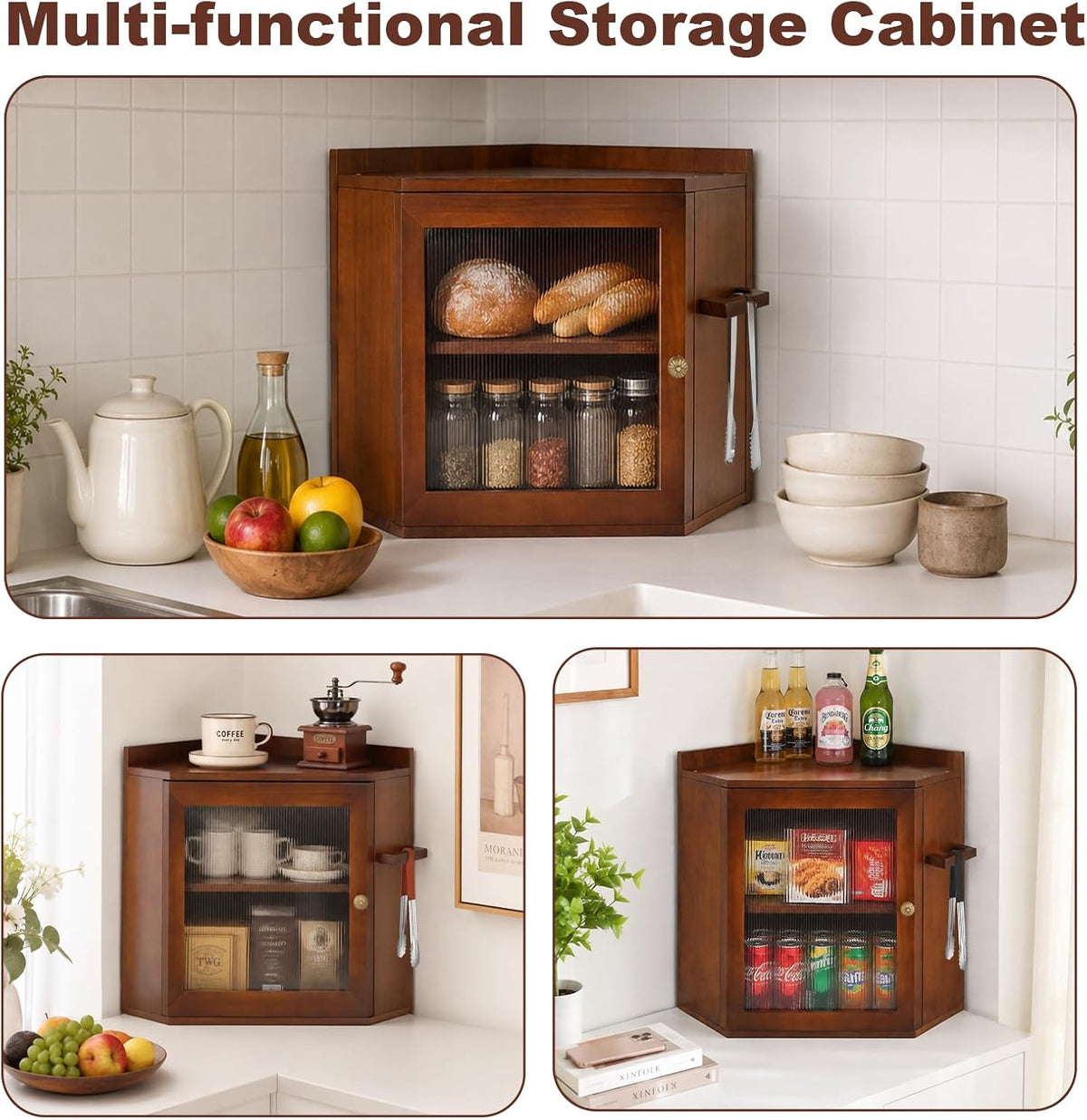 Corner Bread Box For Kitchen Countertop,2 Tier Bread Bin With Acrylic Door Panel,Adjustable Shelf & Hanging Rack,Food