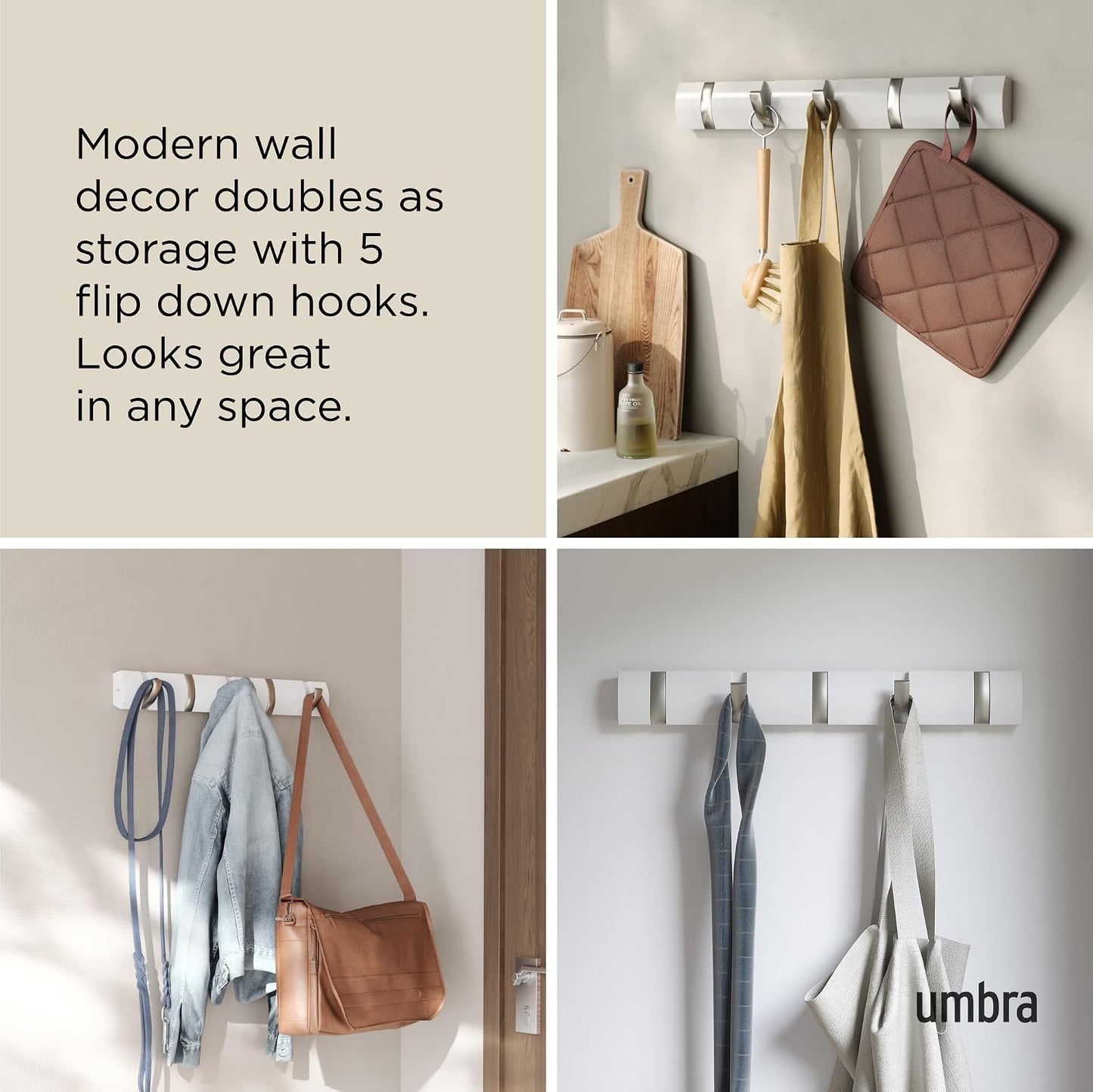 5 Hooks / Flip Wall-Mounted Coat Rack / White/nickel / 5-hook
