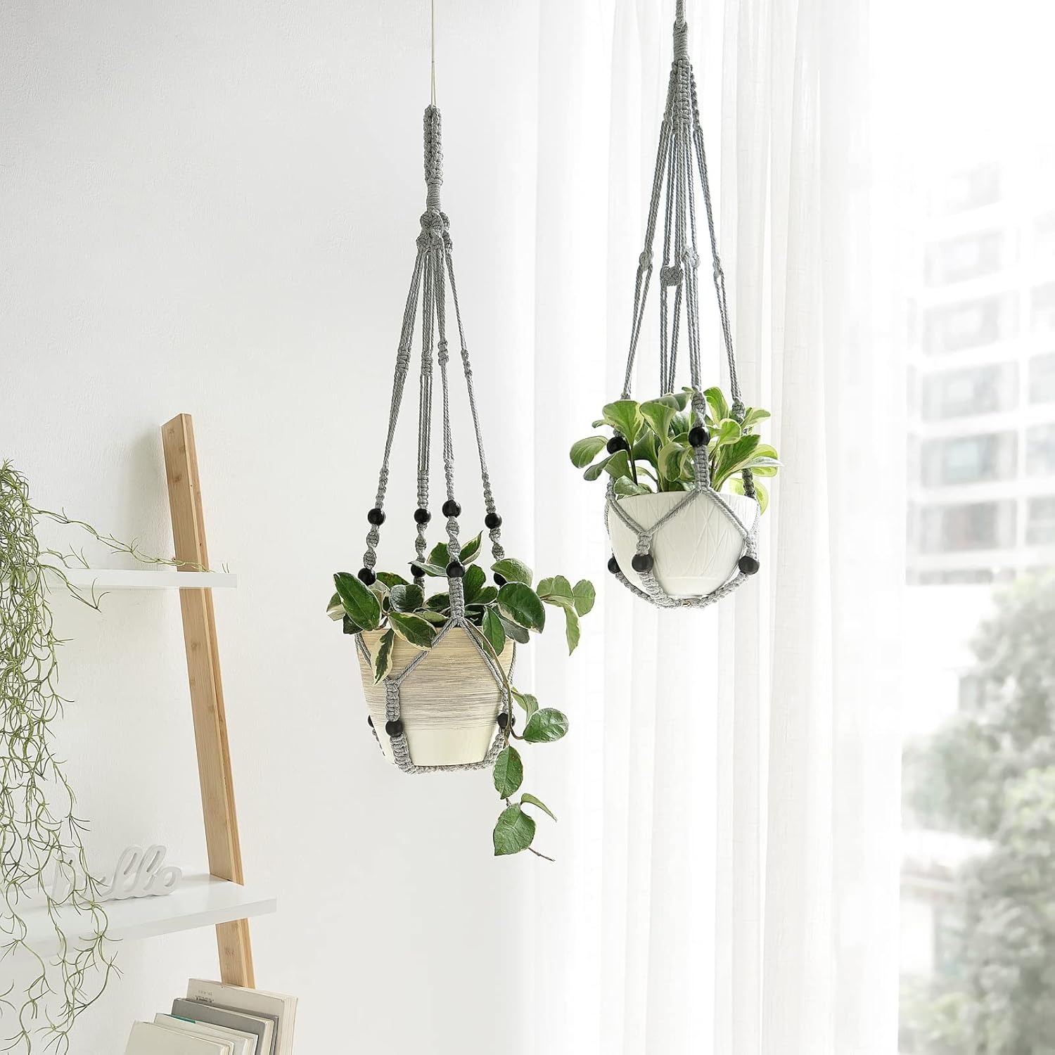 Macrame Plant Hangers Indoor Different Size Hanging Planter Basket Flower / Medium / Gray / Set of 3