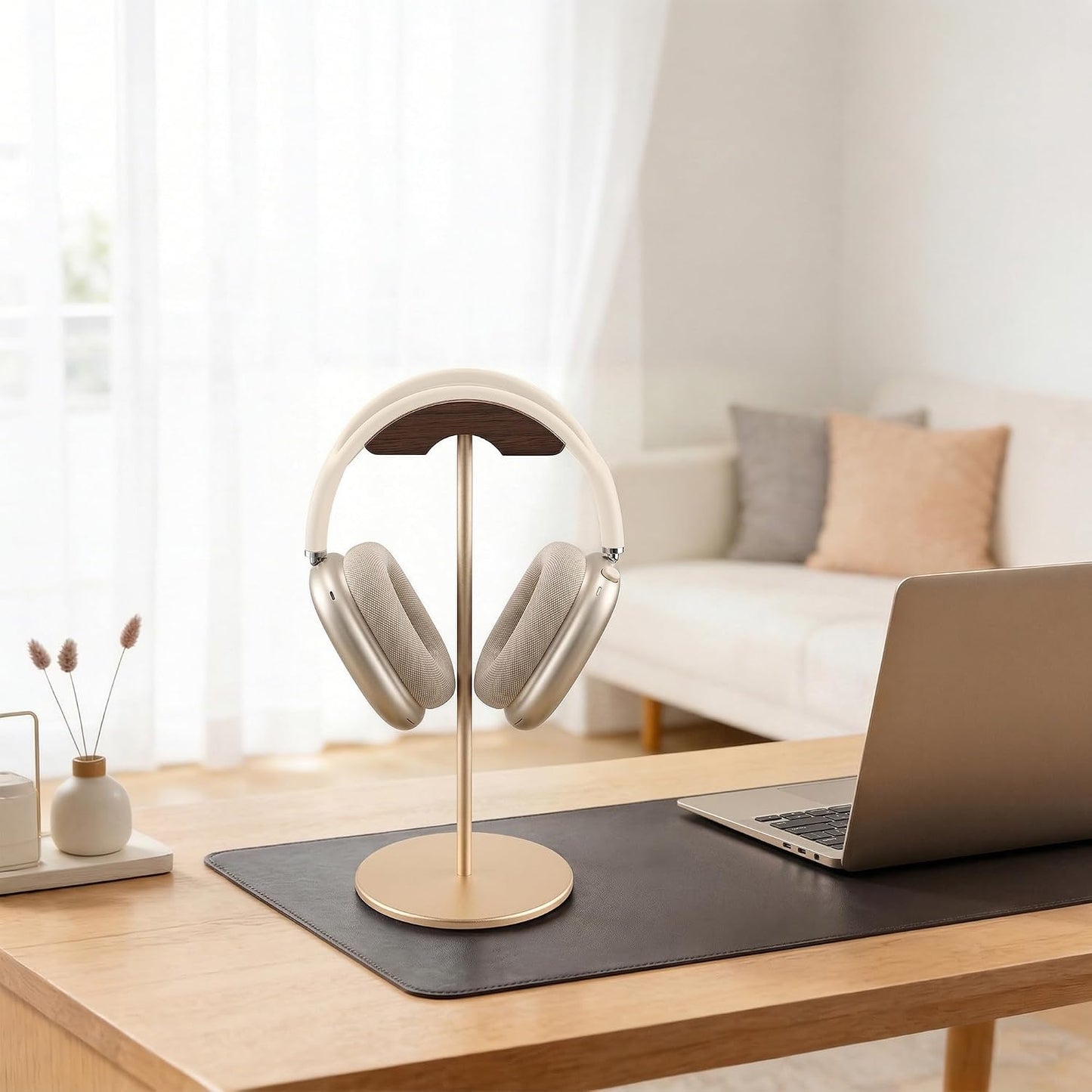 Headphone Stand, Walnut Wood & Aluminum Headset Stand, Nature Walnut Gaming Headset Holder with Solid Heavy Base for