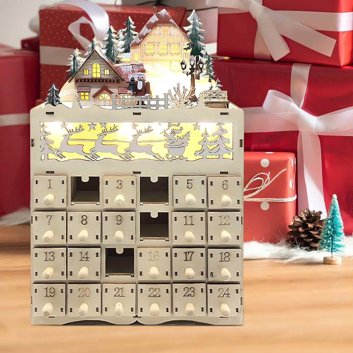 Wooden Advent Calendar Wooden Advent Calendar with 24 Drawers LED Lighted Christmas Advent Calendar Empty Advent