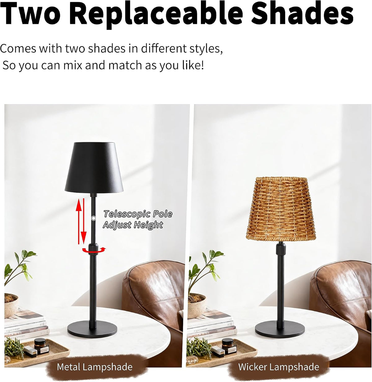 Mr.White Outdoor Waterproof Rechargeable Cordless Table Lamp with Telescopic Pole & Wicker Shade, 5200mAh Battery