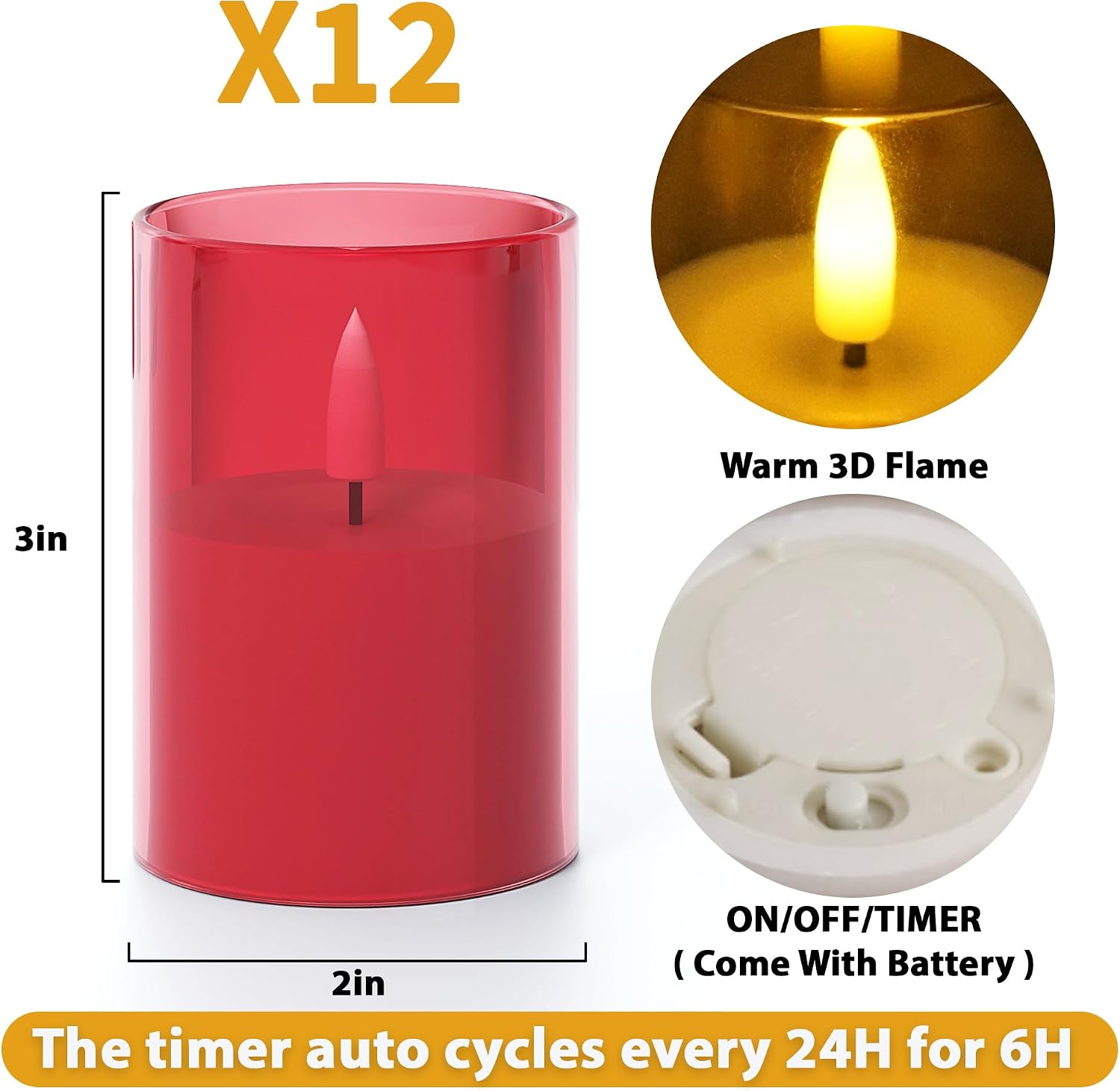 12Pack Flameless LED Candles with Timer, Battery Operated, Red, 2"x3" | Small Pillar & Votive Candle with Realistic