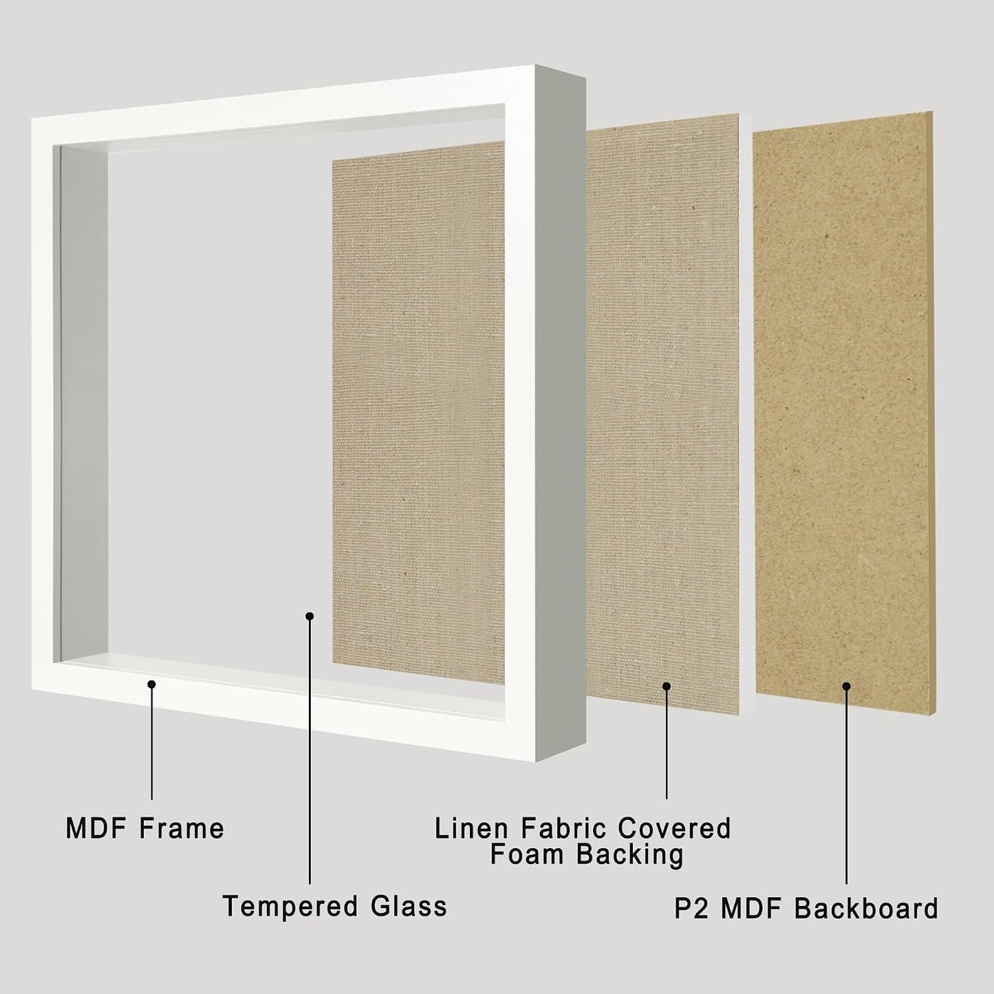 11x11 Shadow Box Display Case with Tempered Glass, White Wooden Large Memory Shadow Box Frame with Soft Linen Back for