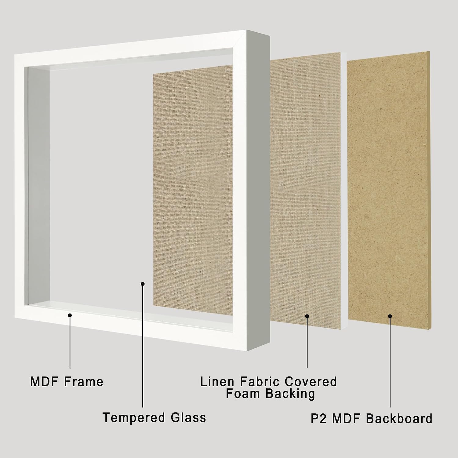 11x11 Shadow Box Display Case with Tempered Glass, White Wooden Large Memory Shadow Box Frame with Soft Linen Back for