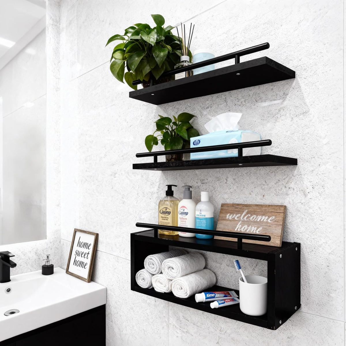 Wooden Floating Shelves with Paper Towel Holder for Bathroom Wall Storage | Bathroom Wall Shelf with Metal Rail, Wall