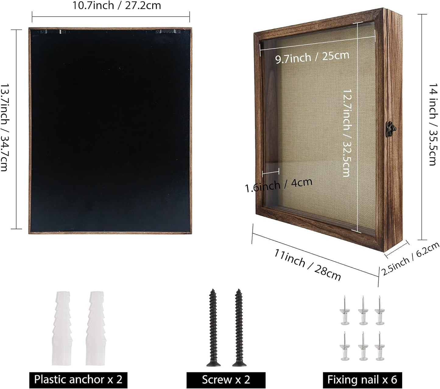 GraduationMall 11x14 Shadow Box Frame Solid Wood Glass Door Display Case with Linen Back and 6 Stick Pins,1.5 inches