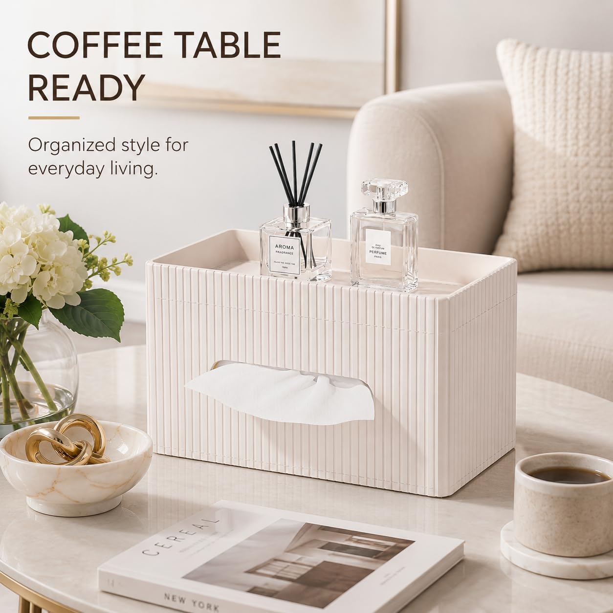 Ribbed PU Leather Tissue Box Cover / Ivory White