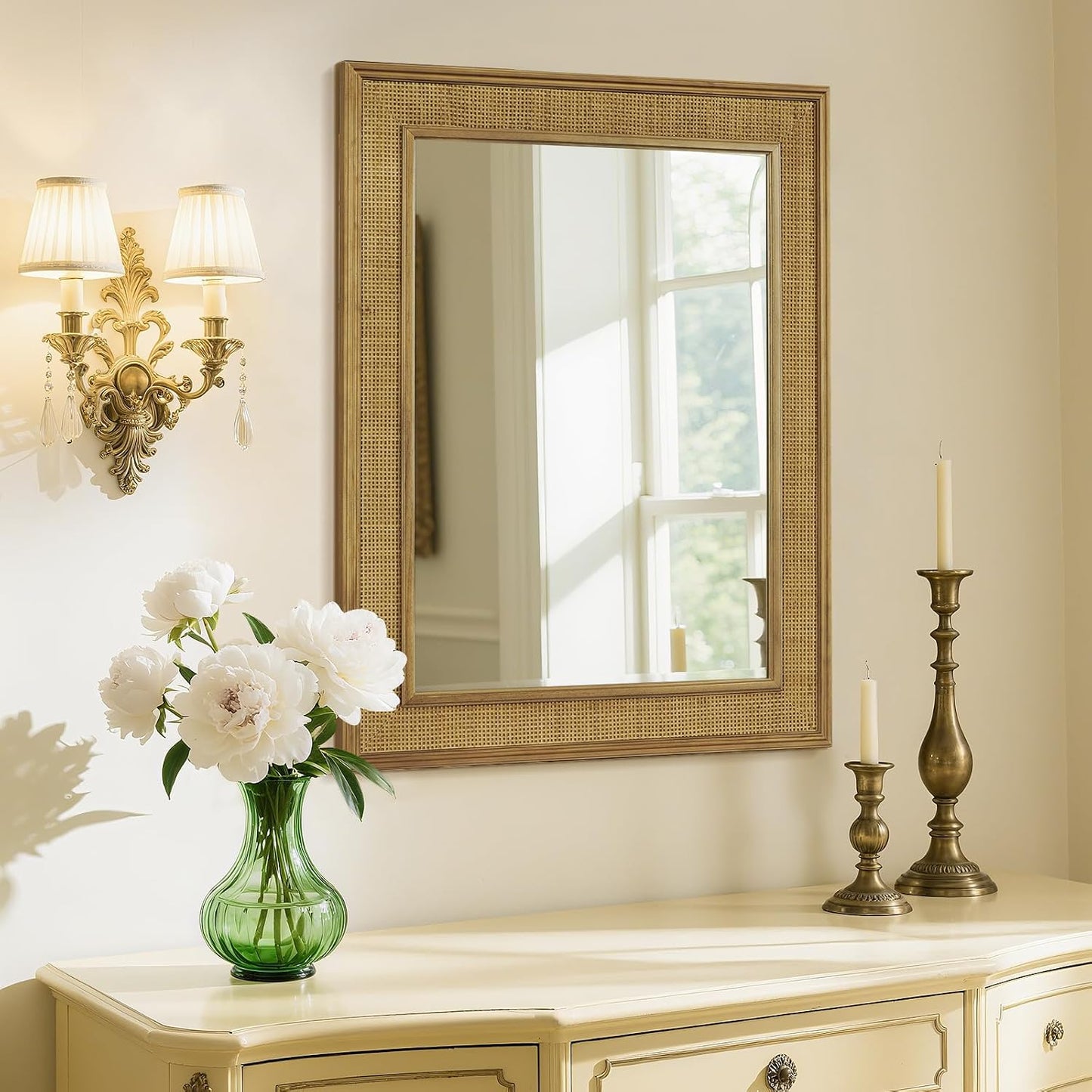 Rattan Wall Mirror Rectangle / Rattan Mirror / 28"L x 22"W / 22 x 28
