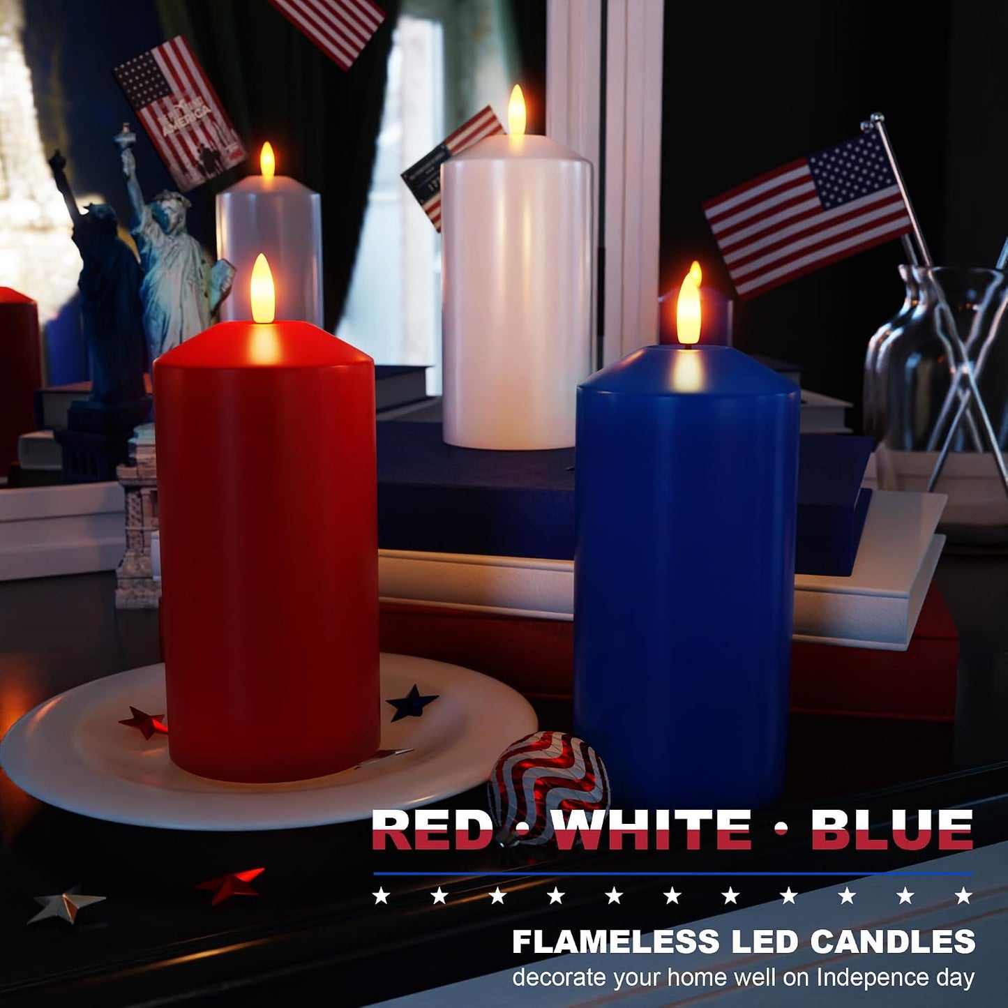 Patriotic Red White & Blue Candles, 4th of July LED Candle Real Wax | Flameless Pillar Candles with Remote, Battery