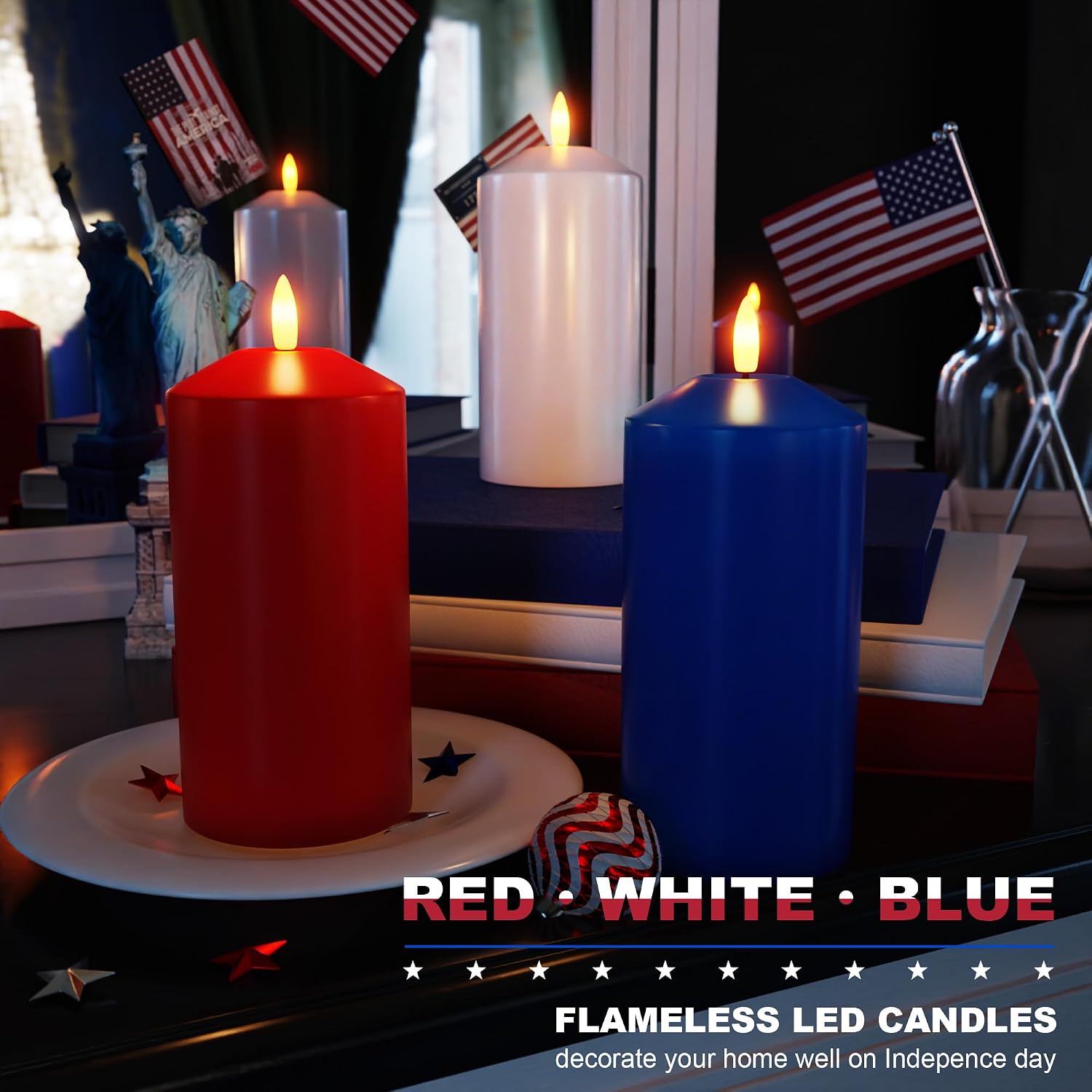 Patriotic Red White & Blue Candles, 4th of July LED Candle Real Wax | Flameless Pillar Candles with Remote, Battery