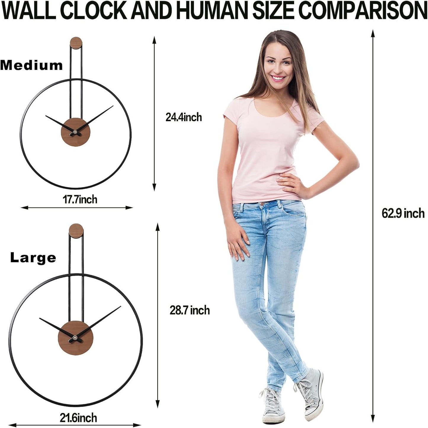 YISITEONE Medium Decorative Wall Clock for Living Room,Metal & Walnut Dial Home Decor Silent Non Ticking Lightweight