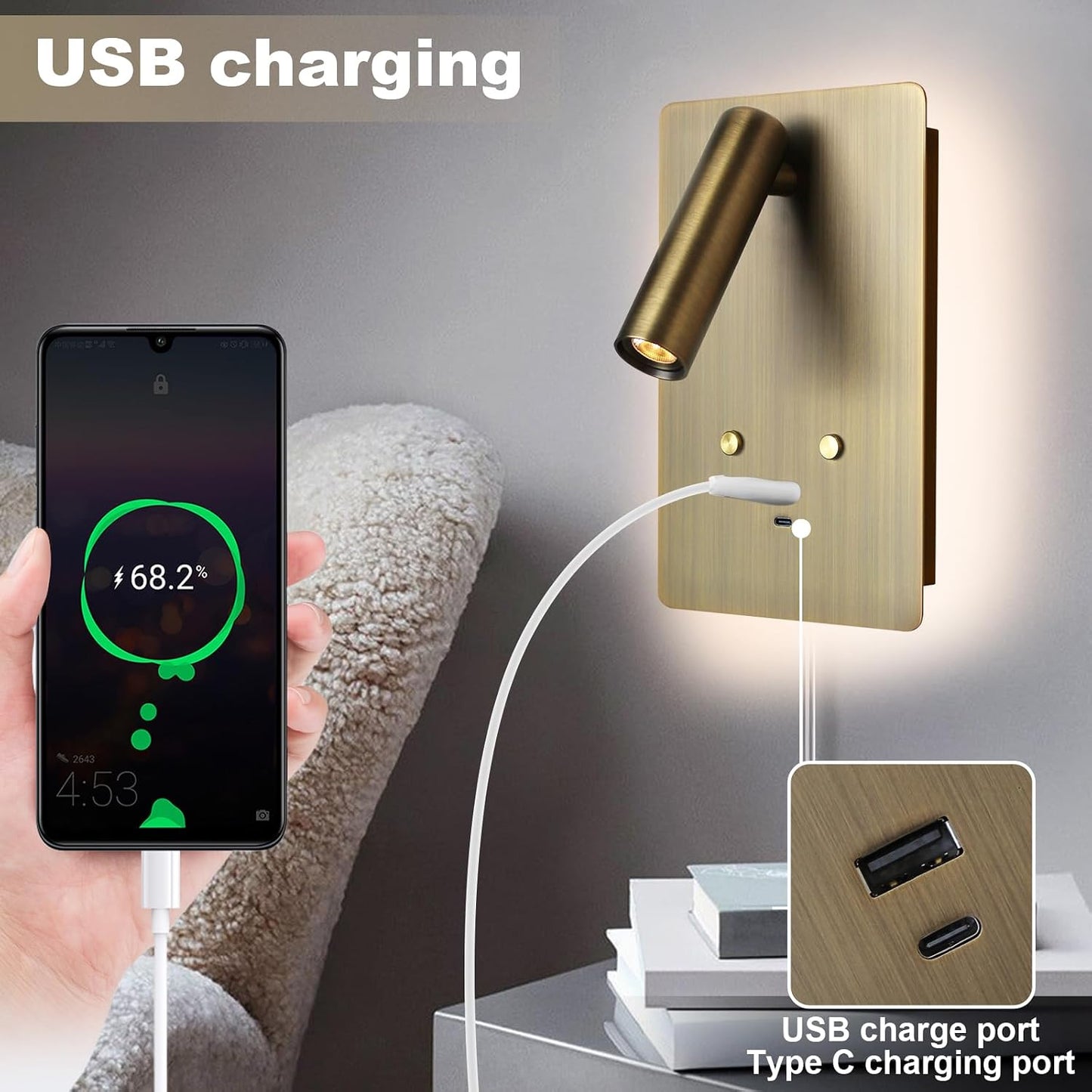 ZEROUNO Wall Mounted Reading Light Set of 2,Dimmable Adjustable Headboard Plug in Wall Sconce with USB A+C Ports,Touch