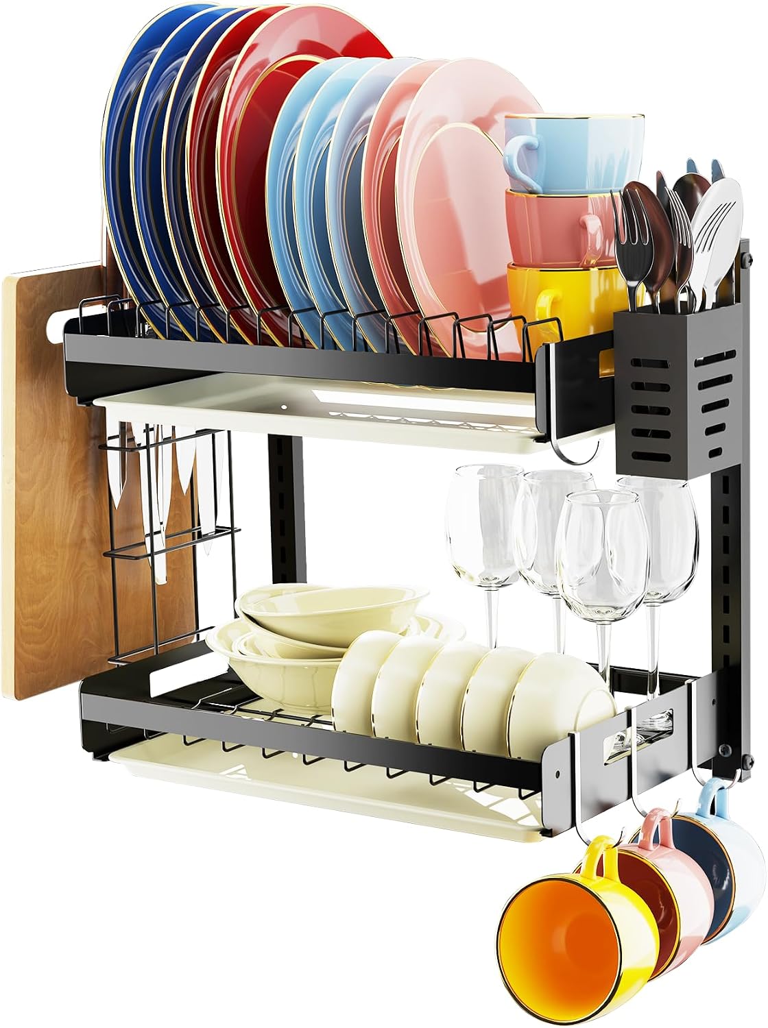 Hanging Wall Mounted Dish Drying Rack, Cutting Board Rack*1, Hook*4, Drain Tray*2, Apartment & RV Wall Mounted Dish