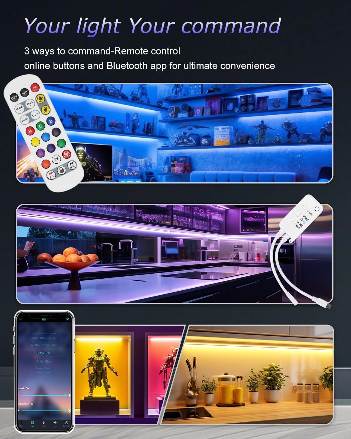Cefrank Color Cabinet Lighting, 4pcs 12" Linkable RGB LED Light Bar Kit for Display Cabinet, Smart App & Remote