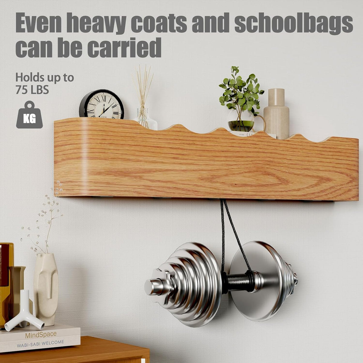 Coat Rack Wall Mount with Shelf 5 Hidden Hooks Modern Wooden Key Holder Entryway Organizer for Hallway Bedroom Bathroom