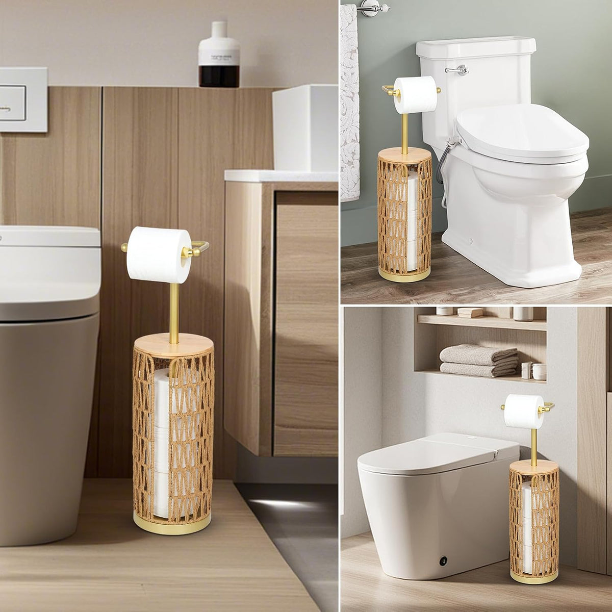 Freestanding Toilet Paper Holder with Storage,3 Rolls of Boho Toilet Paper Holder Stand with Lid,Gold Toilet Tissue
