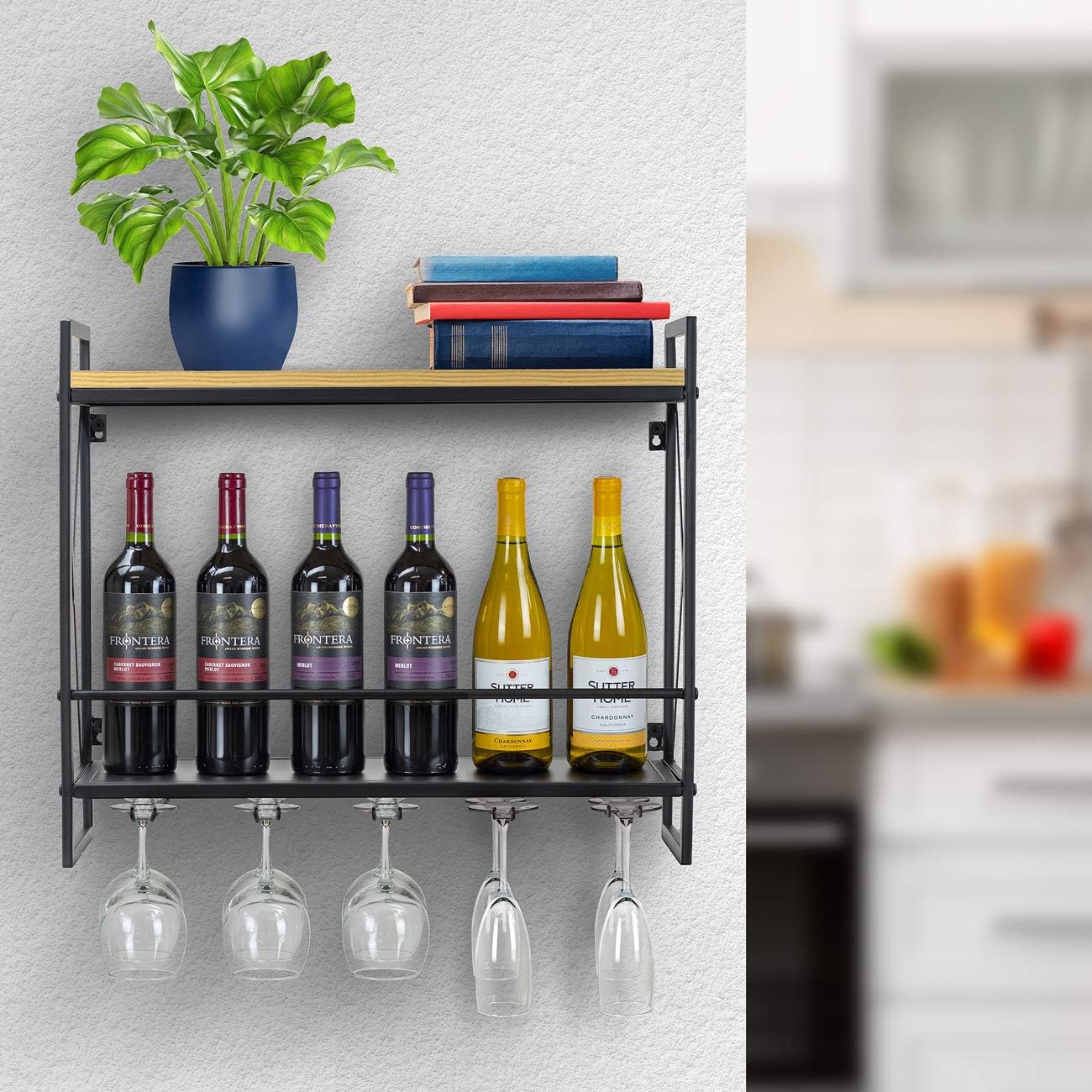 Sorbus Wine Bottle Stemware Glass Rack, Industrial 2-Tier Wood Shelf, Wall Mounted Wine Racks with 5 Stem Glass Holders