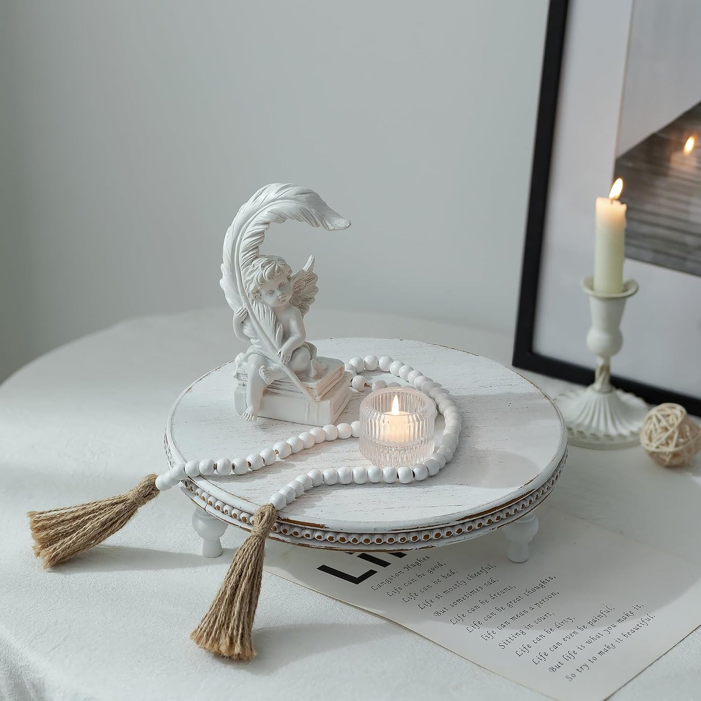 Beaded Wood Pedestal Risers Farmhouse Circle Display Holder / White