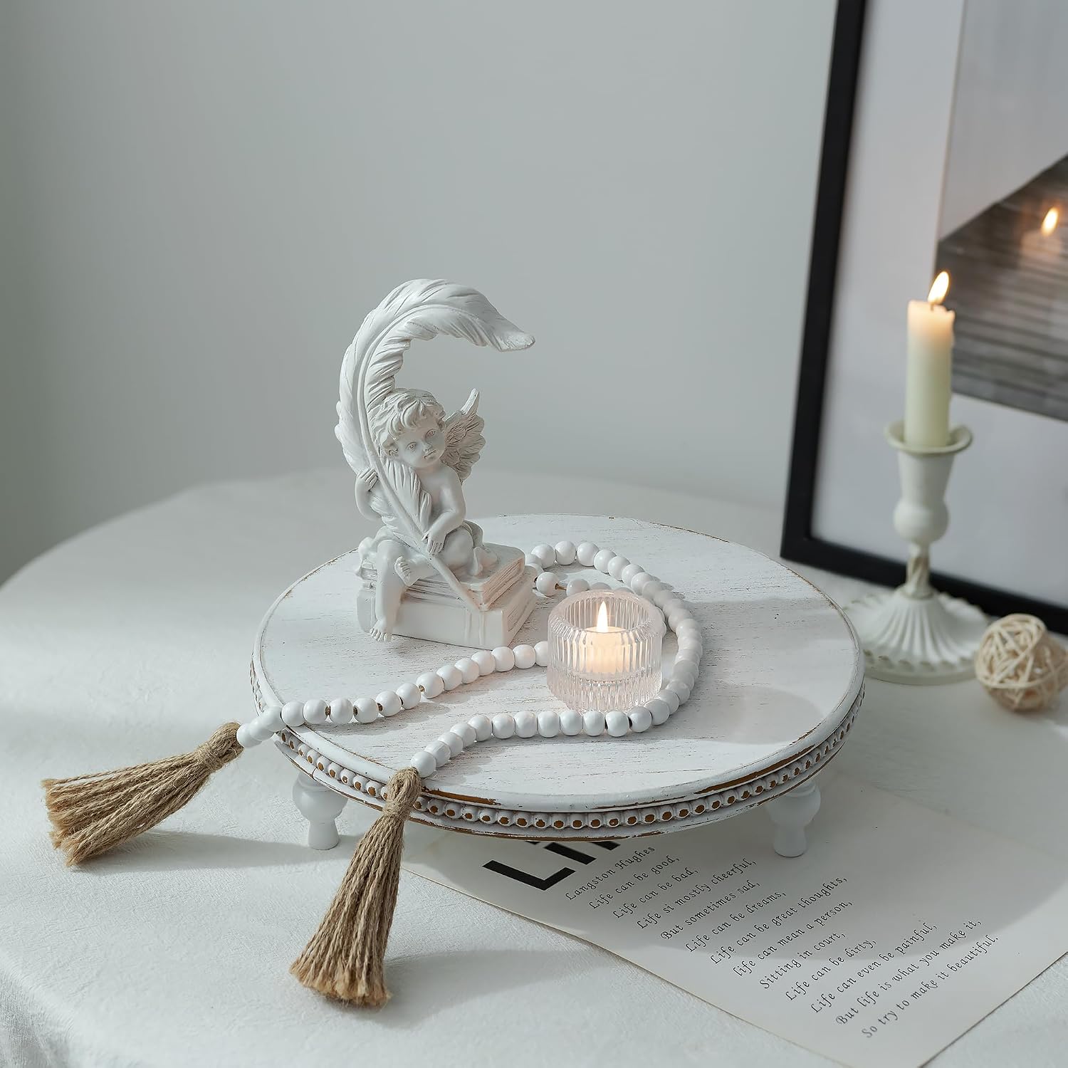 Beaded Wood Pedestal Risers Farmhouse Circle Display Holder / White