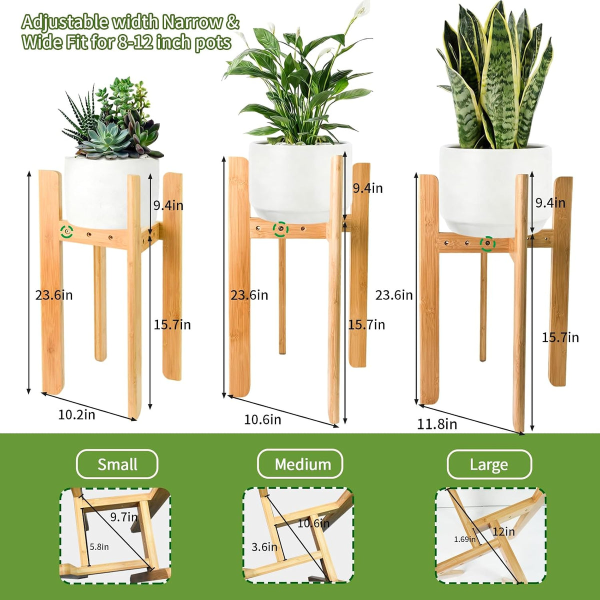 23.6" Tall Adjustable Plant Stand Indoor Flower Holder Fits 8-12 Inch Pots | Sturdy, Bamboo, Modern Mid Century