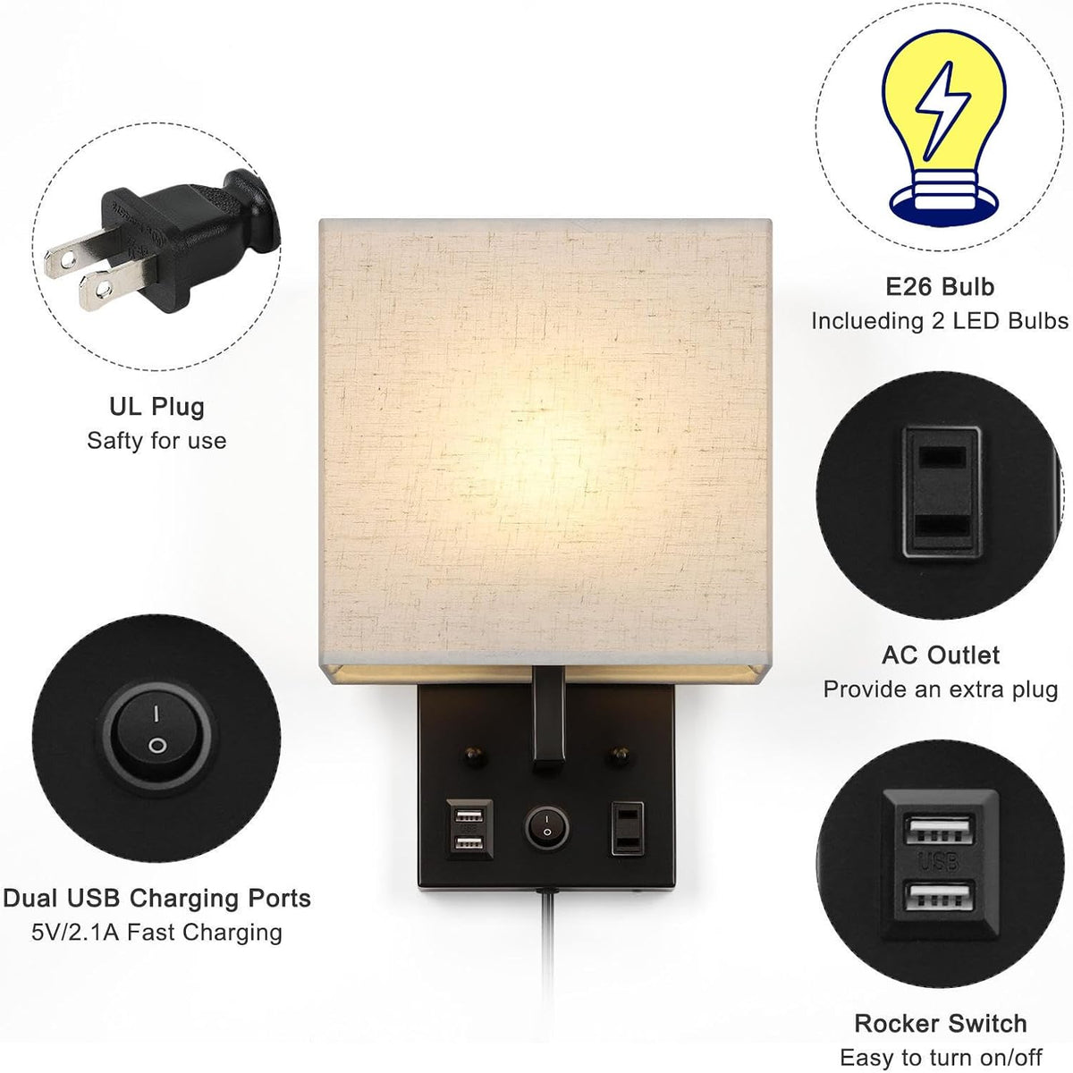 Vrisa Wall Sconces Wall Lamps for Bedrooms Set of 2 Plug in Bedside Lights Wall Mounted with USB Ports Outlet Wall