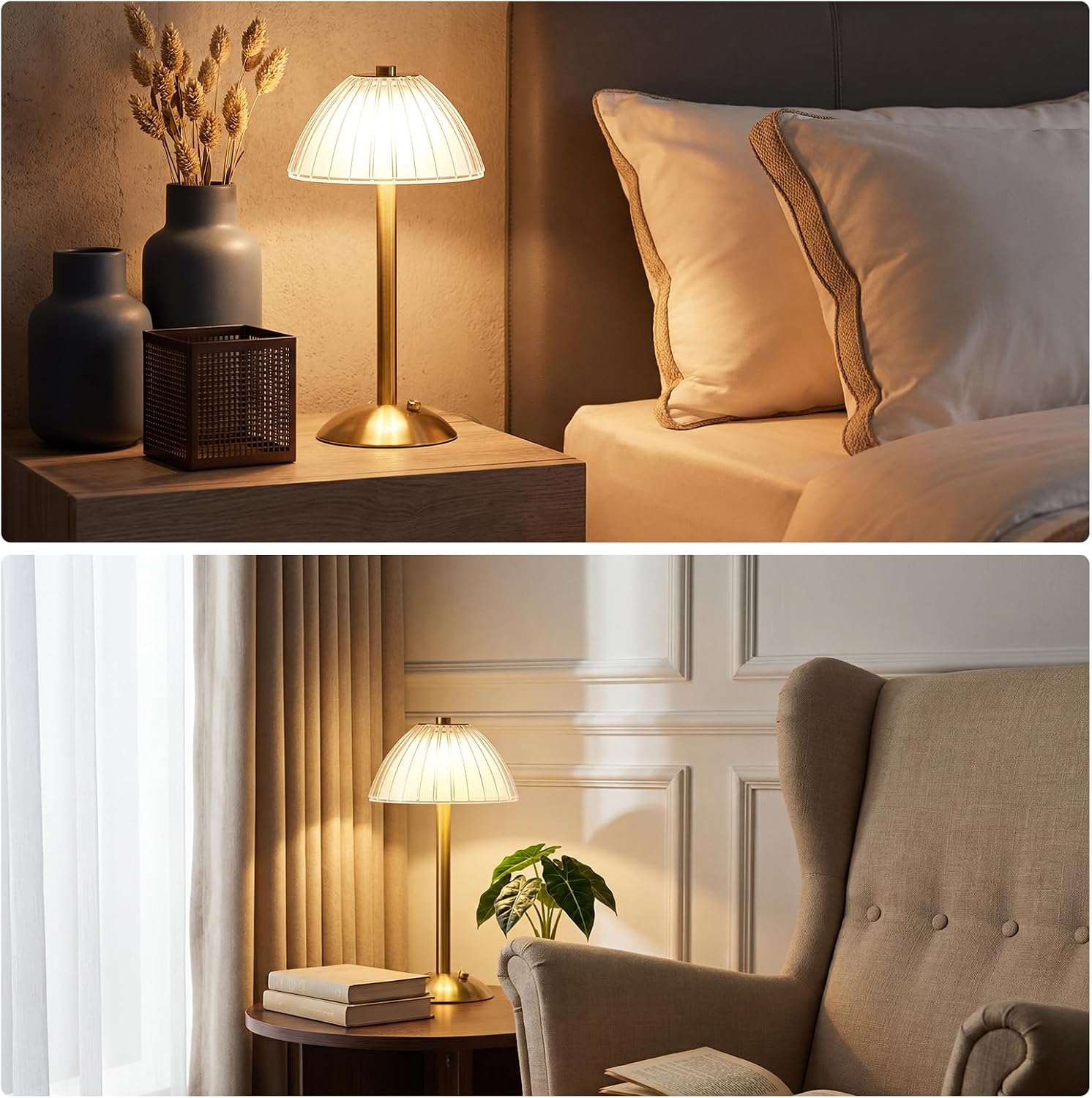 Liliful 2 Pcs Cordless Table Lamp LED Touch,Gold,Mushroom Style | 3 Color Dimmable Touch, USB-C Battery Operated